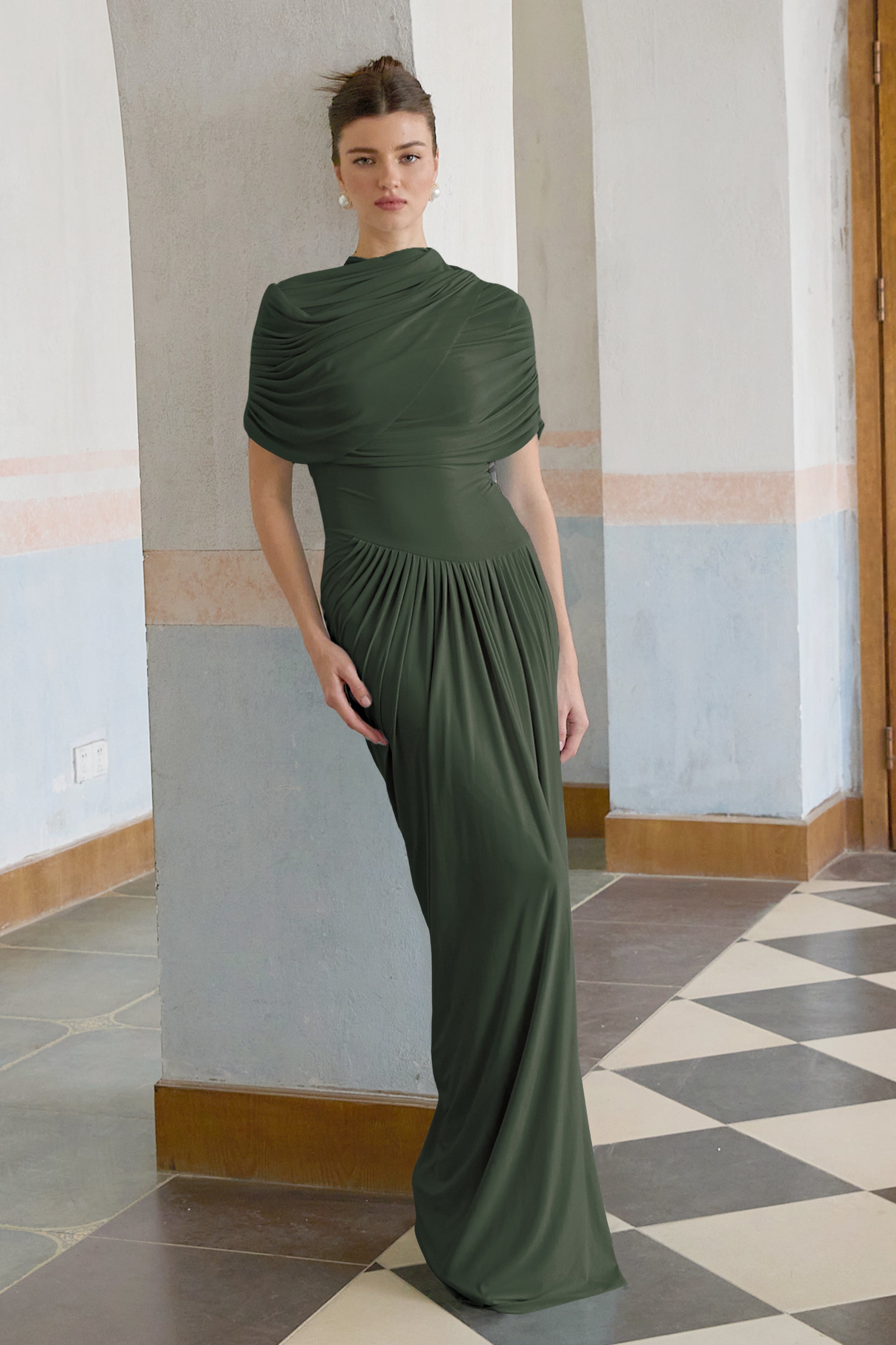 Catherine asymmetric pleated maxi dress in Green