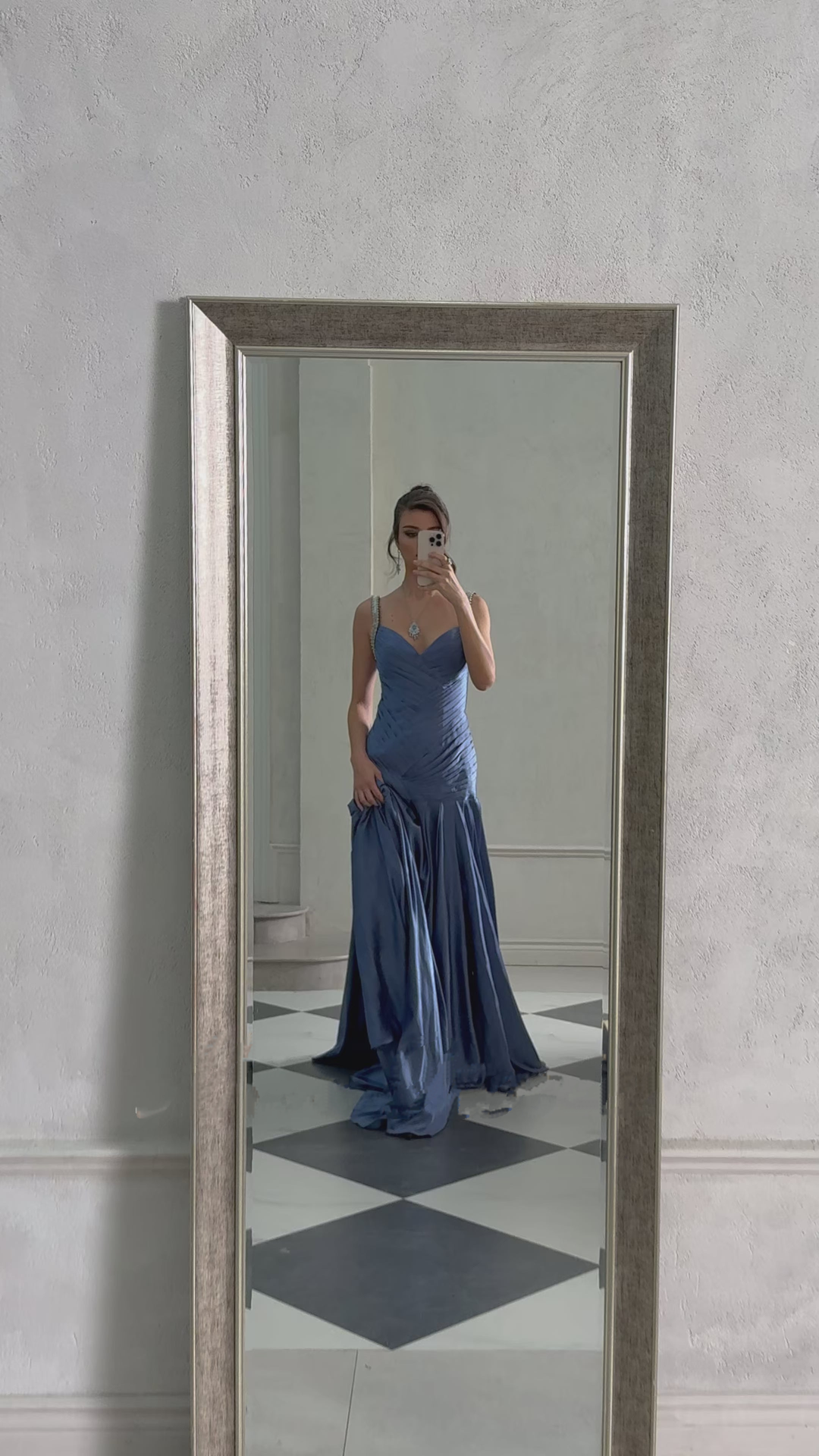angelína blue diagonal pleated gathered maxi gown
