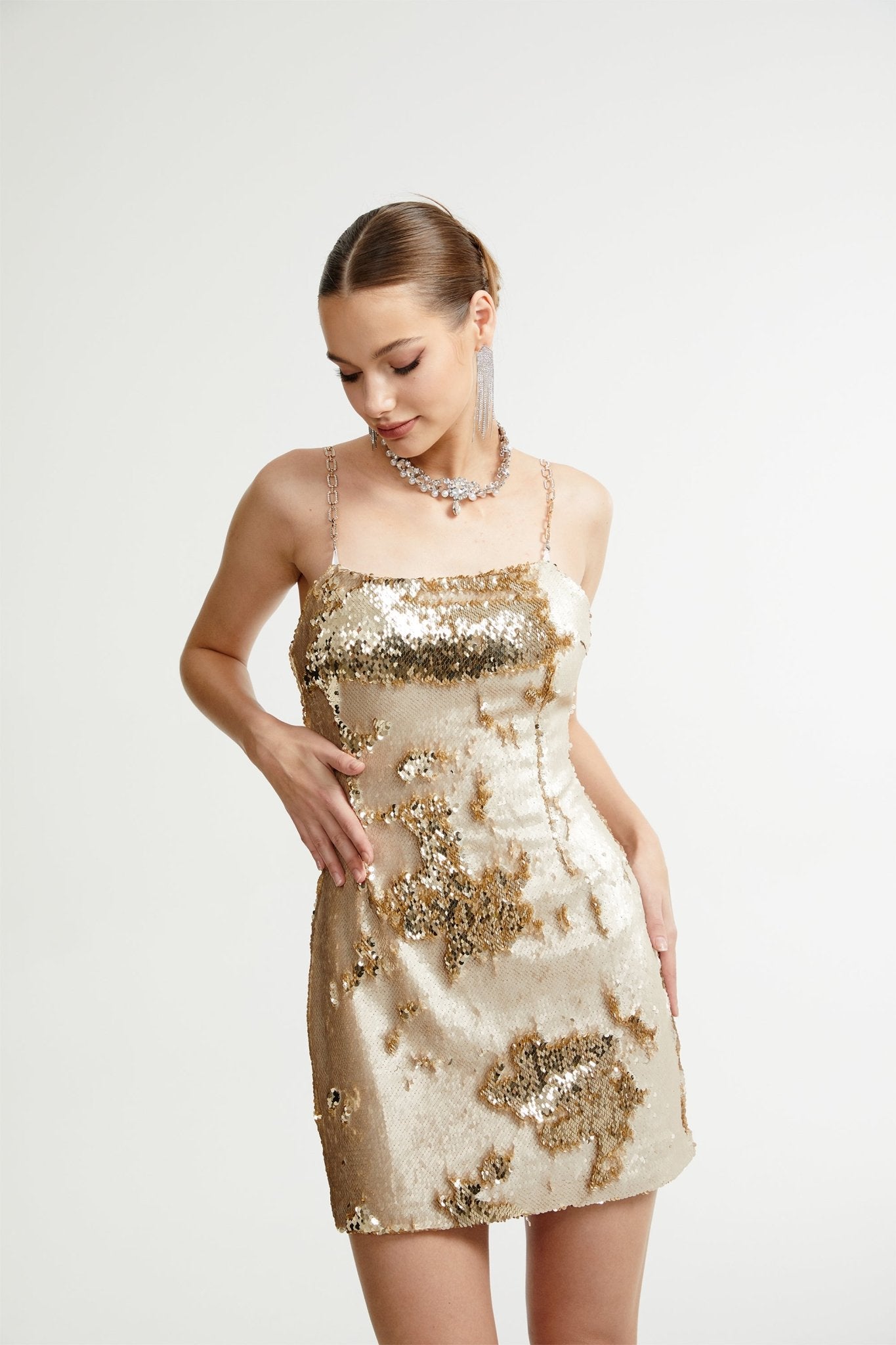 Arianwen gold reversible mini dress