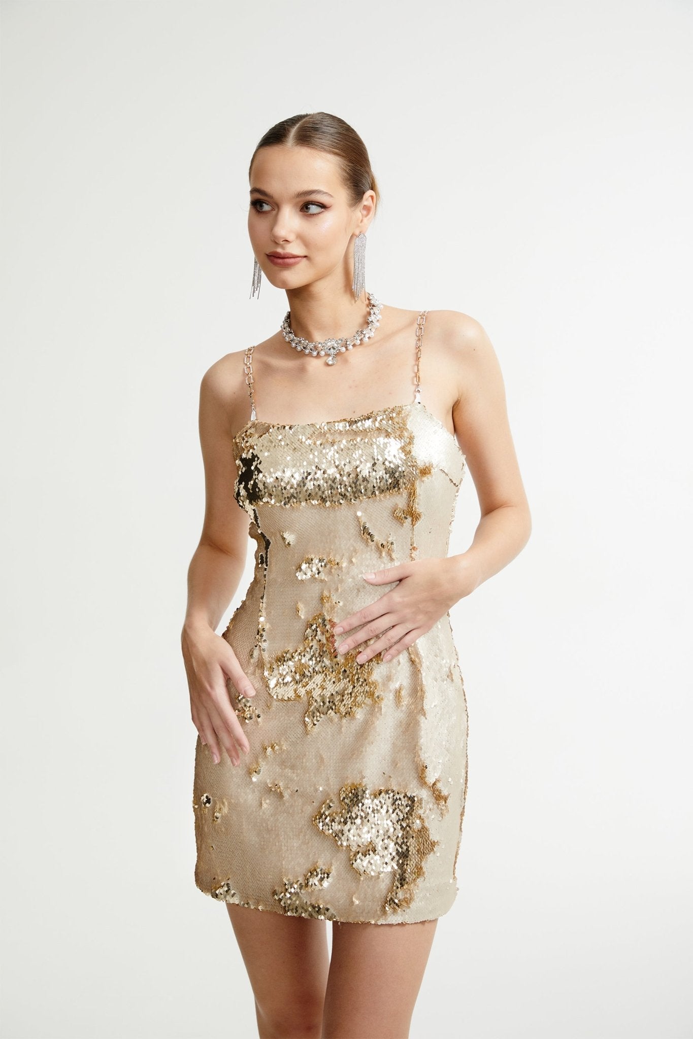 Arianwen gold reversible mini dress
