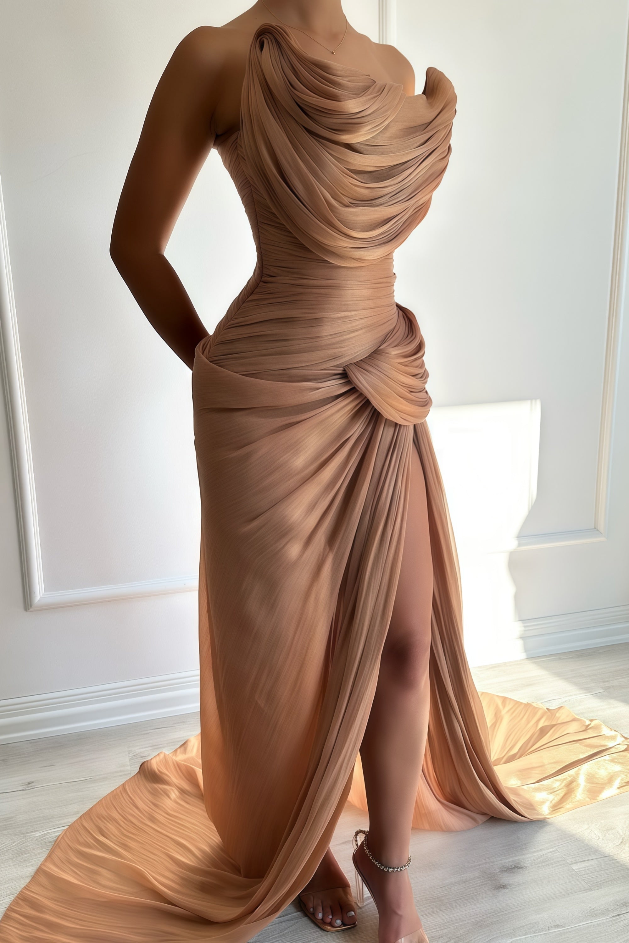 Gelsomina Gold Asymmetrical Glossy Gathered Maxi Dress