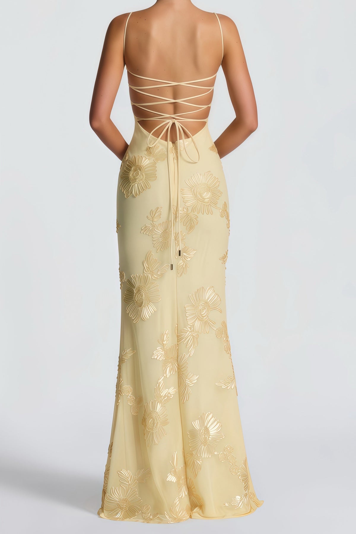 Théoline Yellow Floral Appliqué Corset Maxi Dress (Final Sale-US Only)