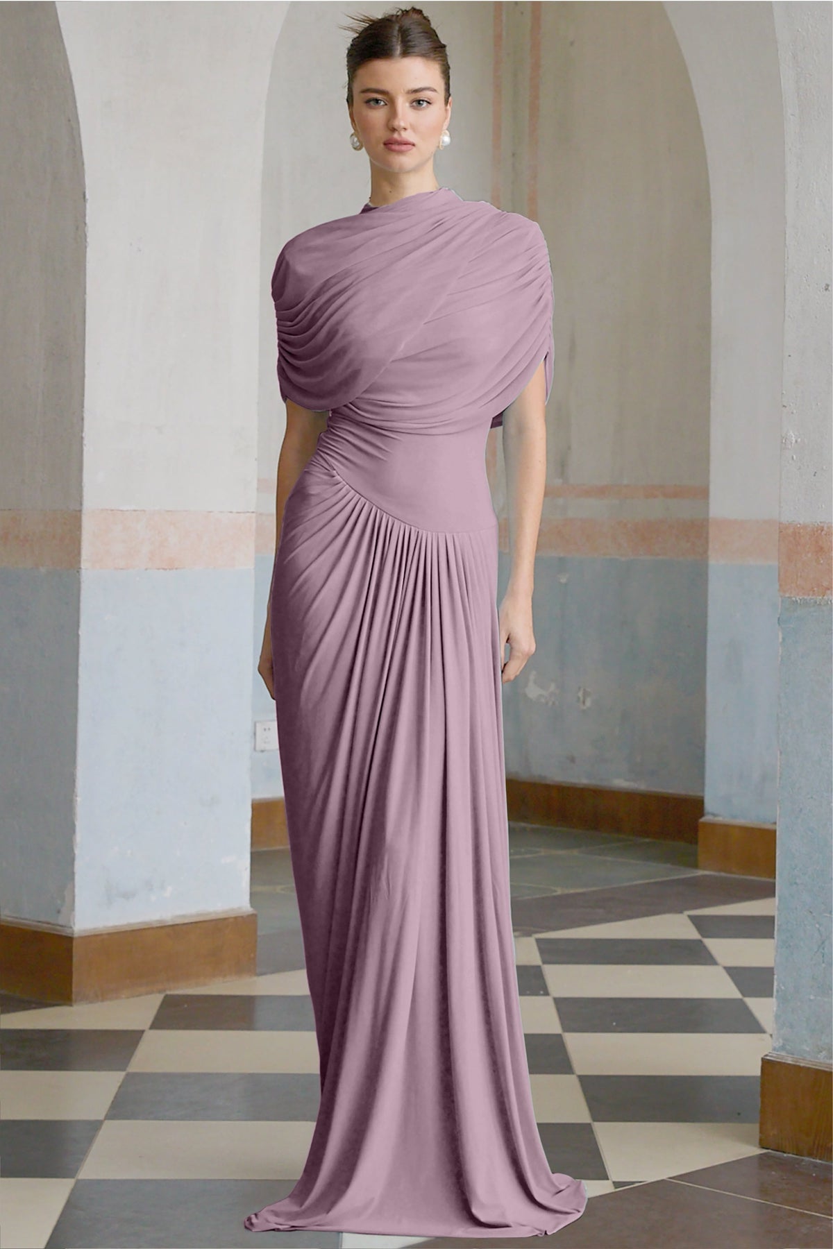 Catherine asymmetrical pleated maxi dress in Purple