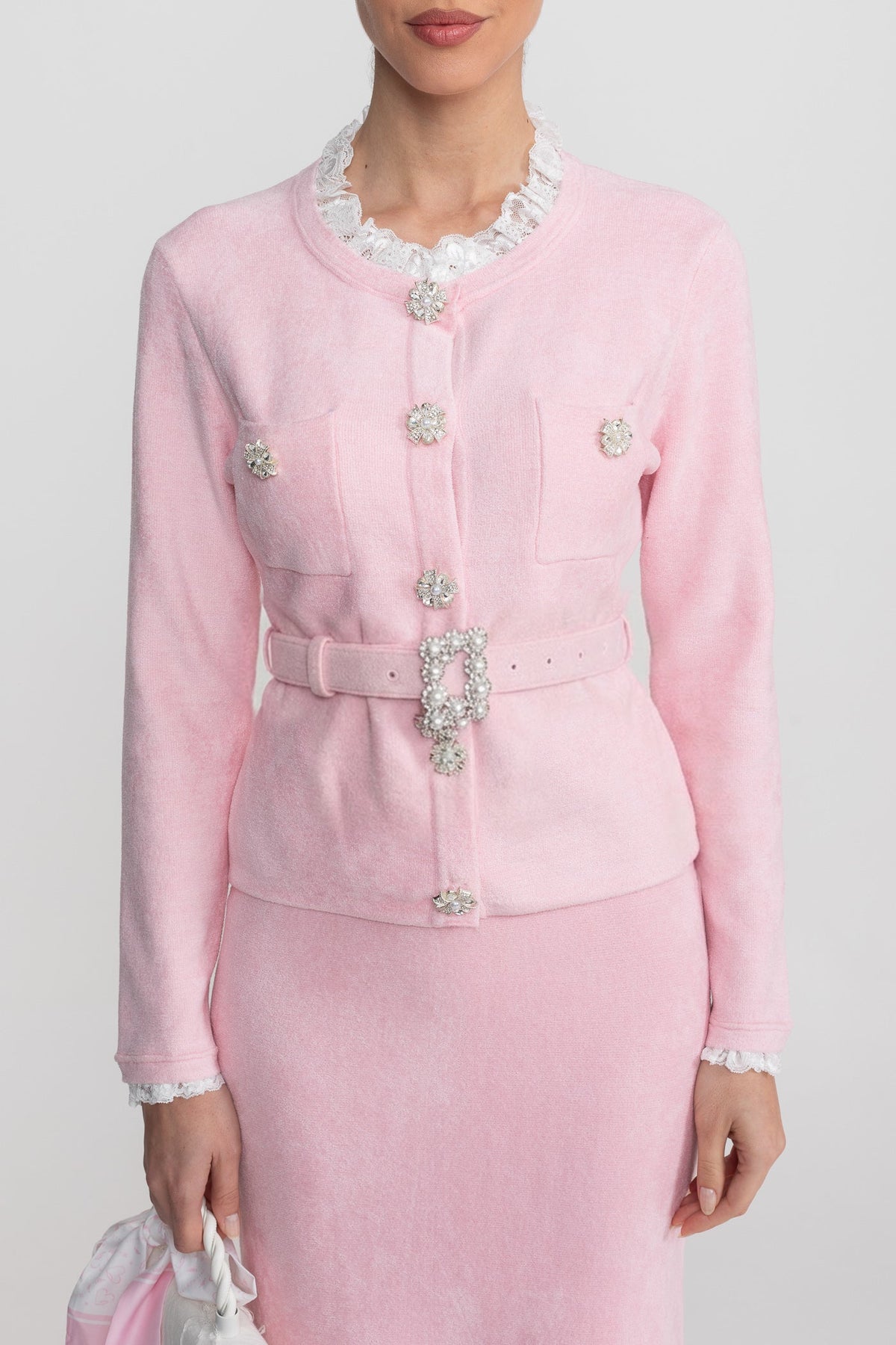 Fleur Blush Pink Long Sleeve Co-Ord With Fitted Knit Bodice And Crystal Button Detail