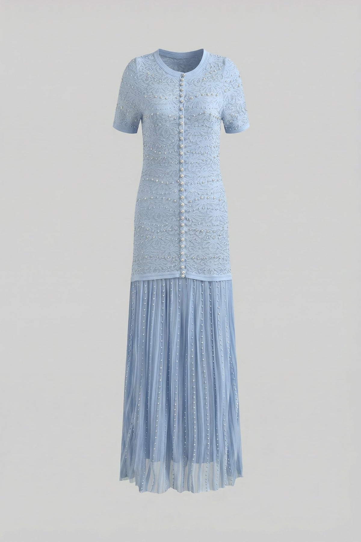 Celestine Powder Blue Short Sleeve Midi Dress With Pearl Embellishments