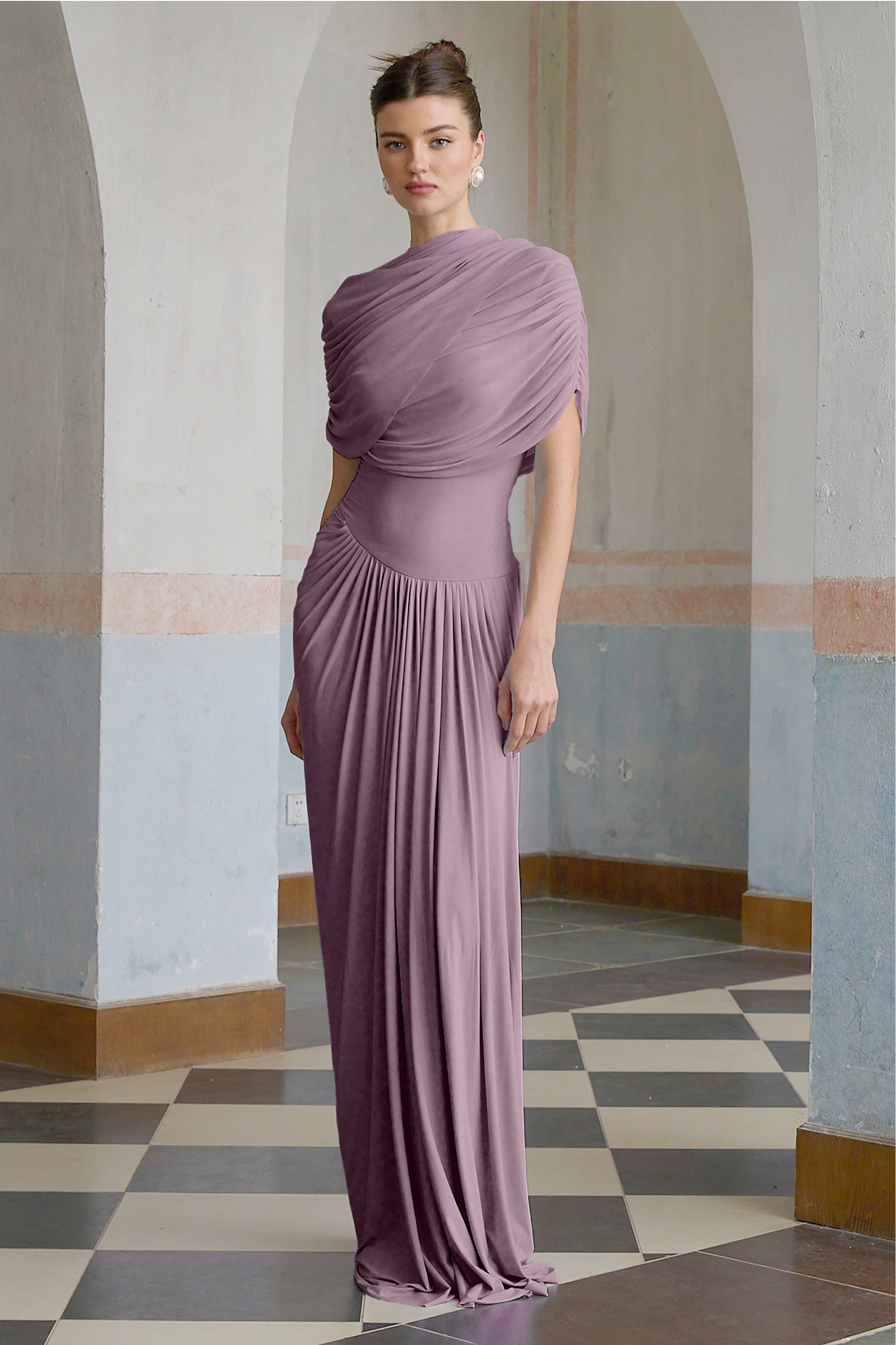 Catherine asymmetric pleated maxi dress in Purple