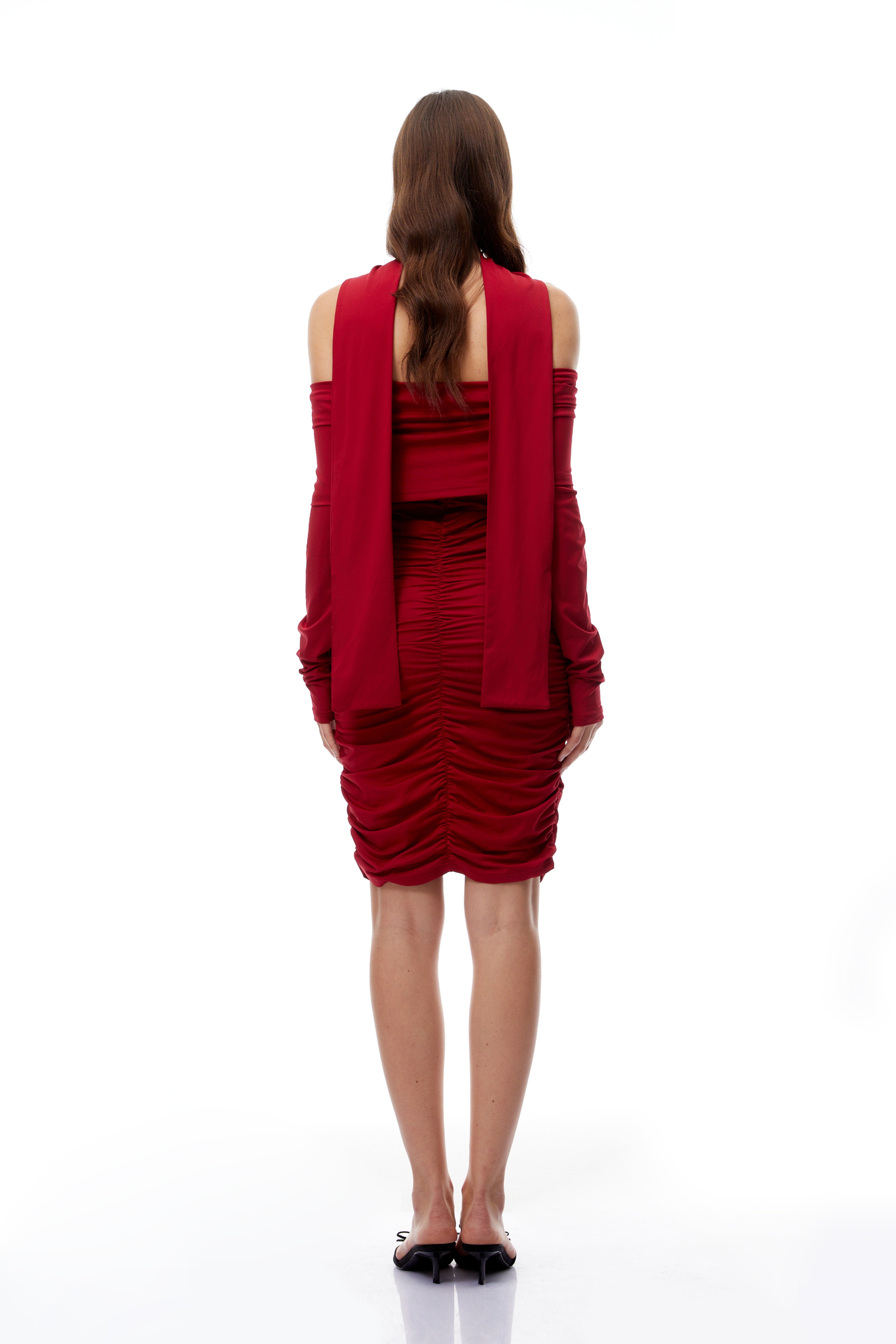 Jolie Red Off Shoulder Ruched Mini Dress