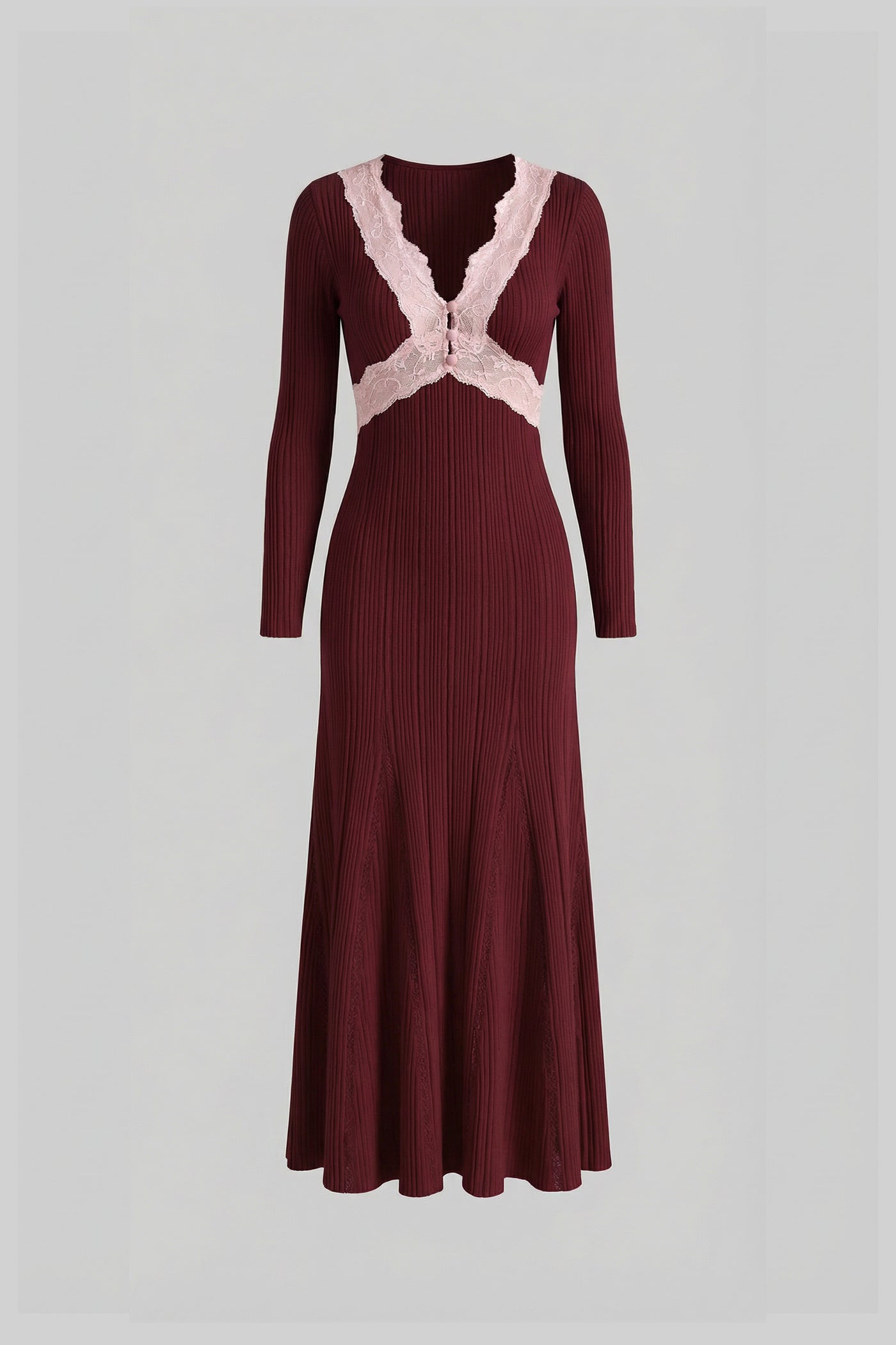 Leontine Burgundy Ribbed Long Sleeve Midi Dress With Lace-Trim V-Neckline