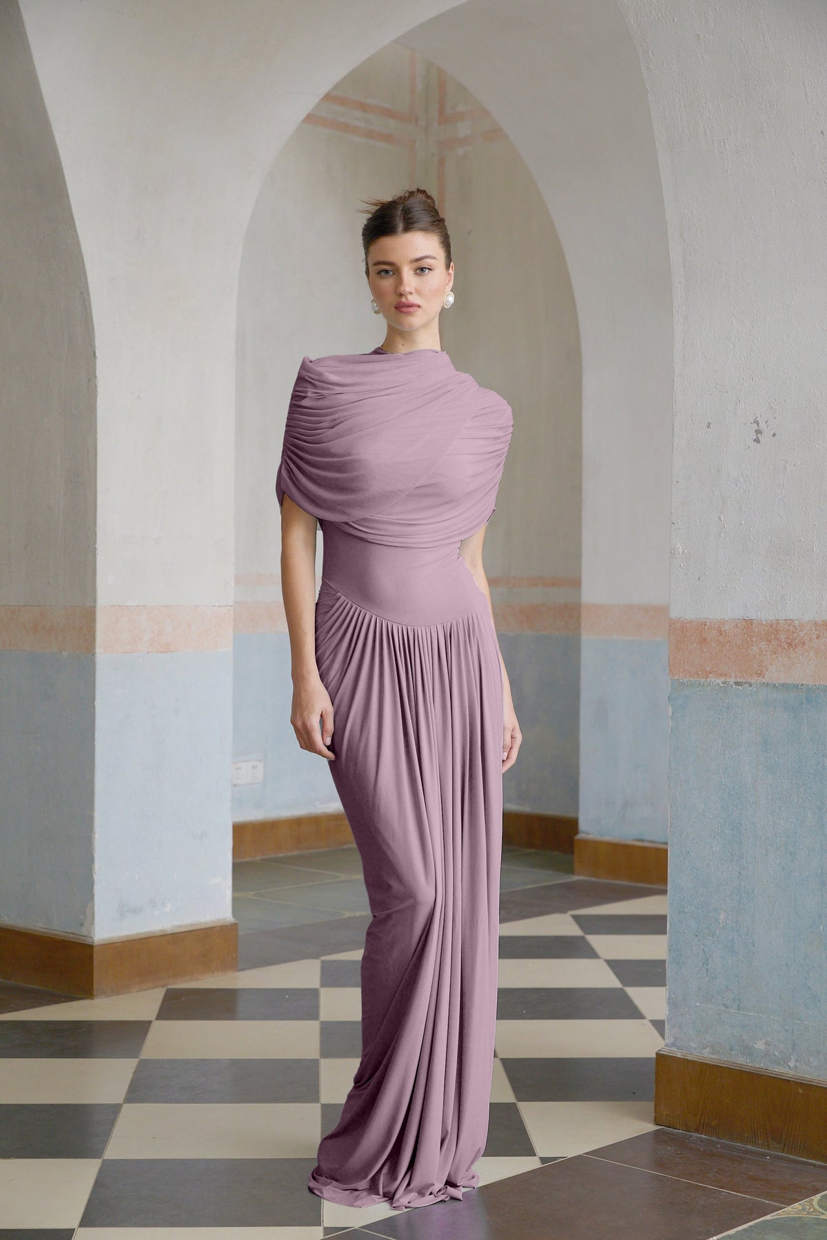 Catherine asymmetric pleated maxi dress in Purple