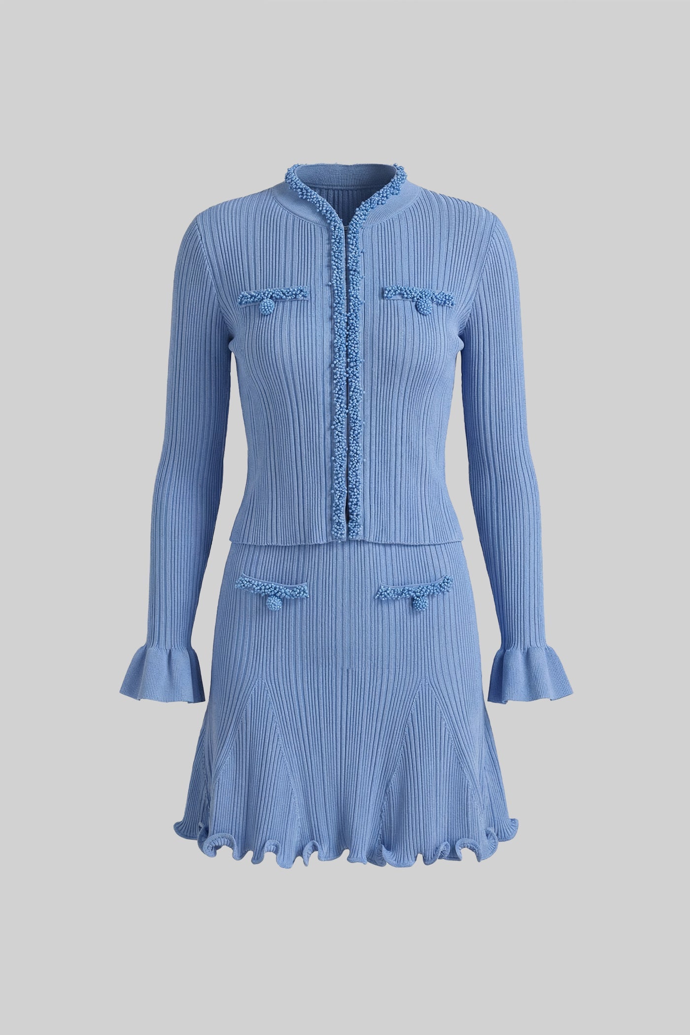 Ribbed Long Sleeve Set With Beaded Embellishments - Blue