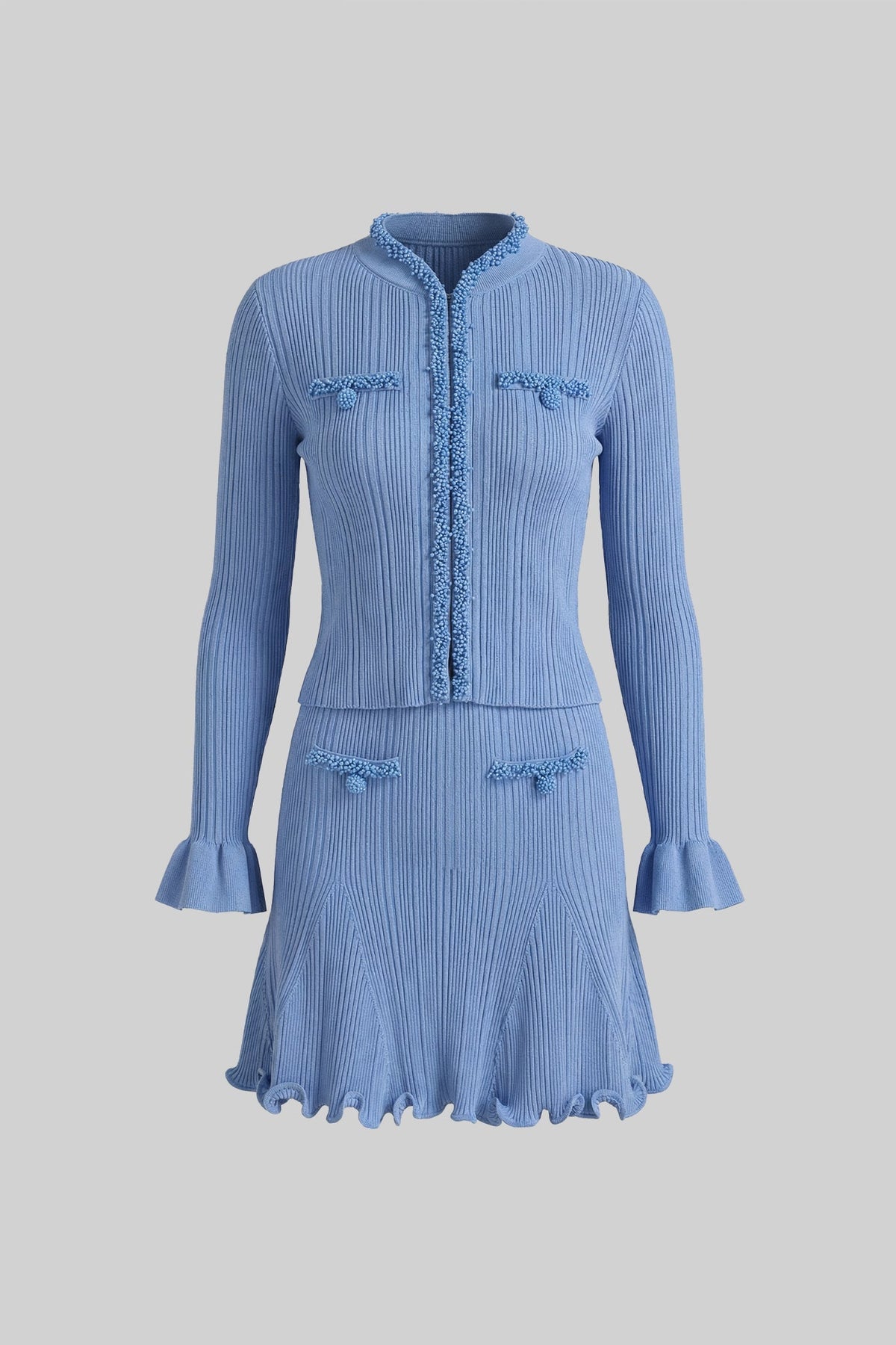 Severine Blue Ribbed Long Sleeve Set With Beaded Embellishments