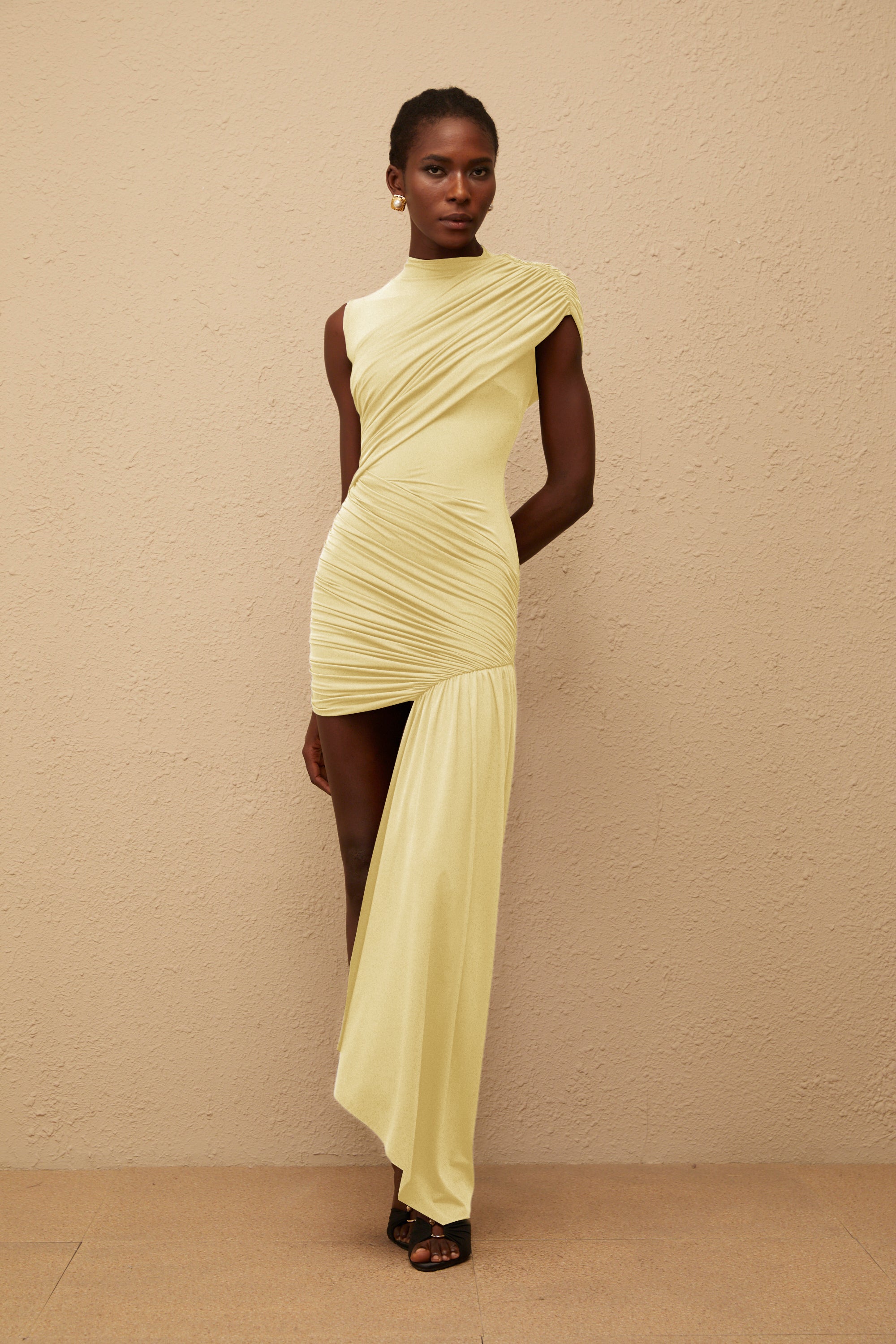 Fée Yellow Asymmetrical Ruched Mini Dress (Final Sale)