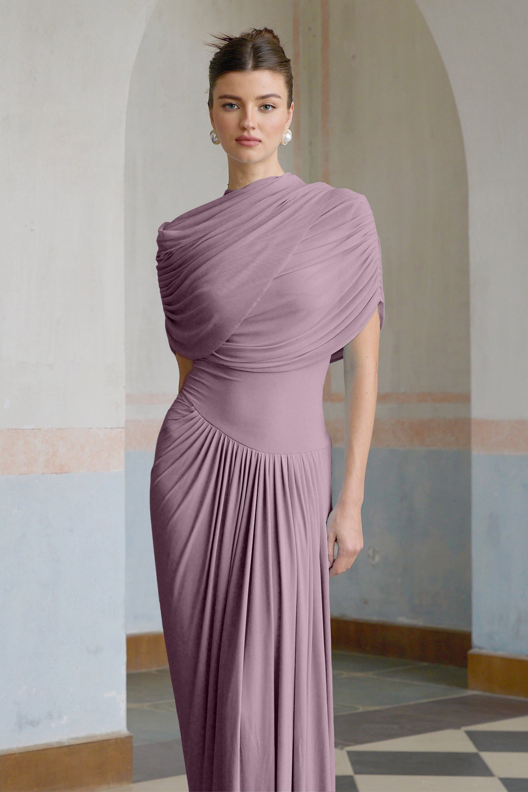 Catherine asymmetric pleated maxi dress in Purple