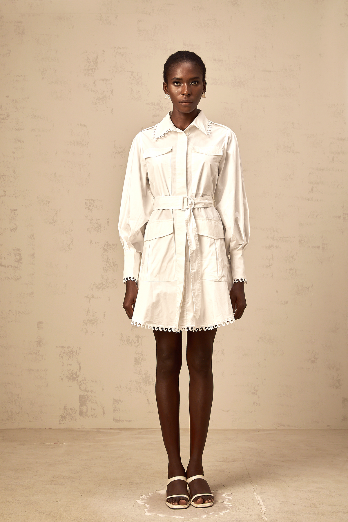 Clémence white belted mini shirt dress