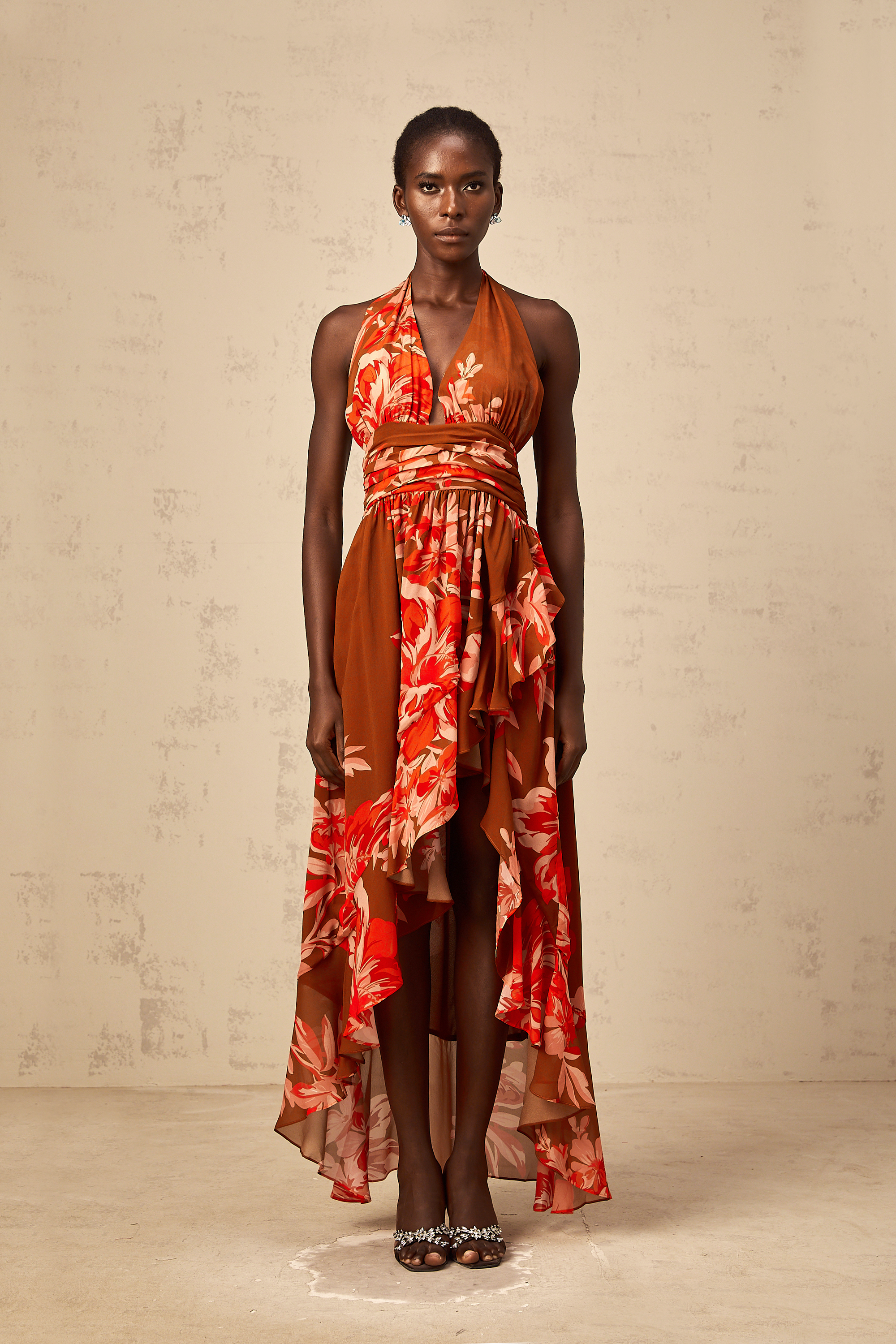 Angélique brown floral-print asymmetrical maxi dress
