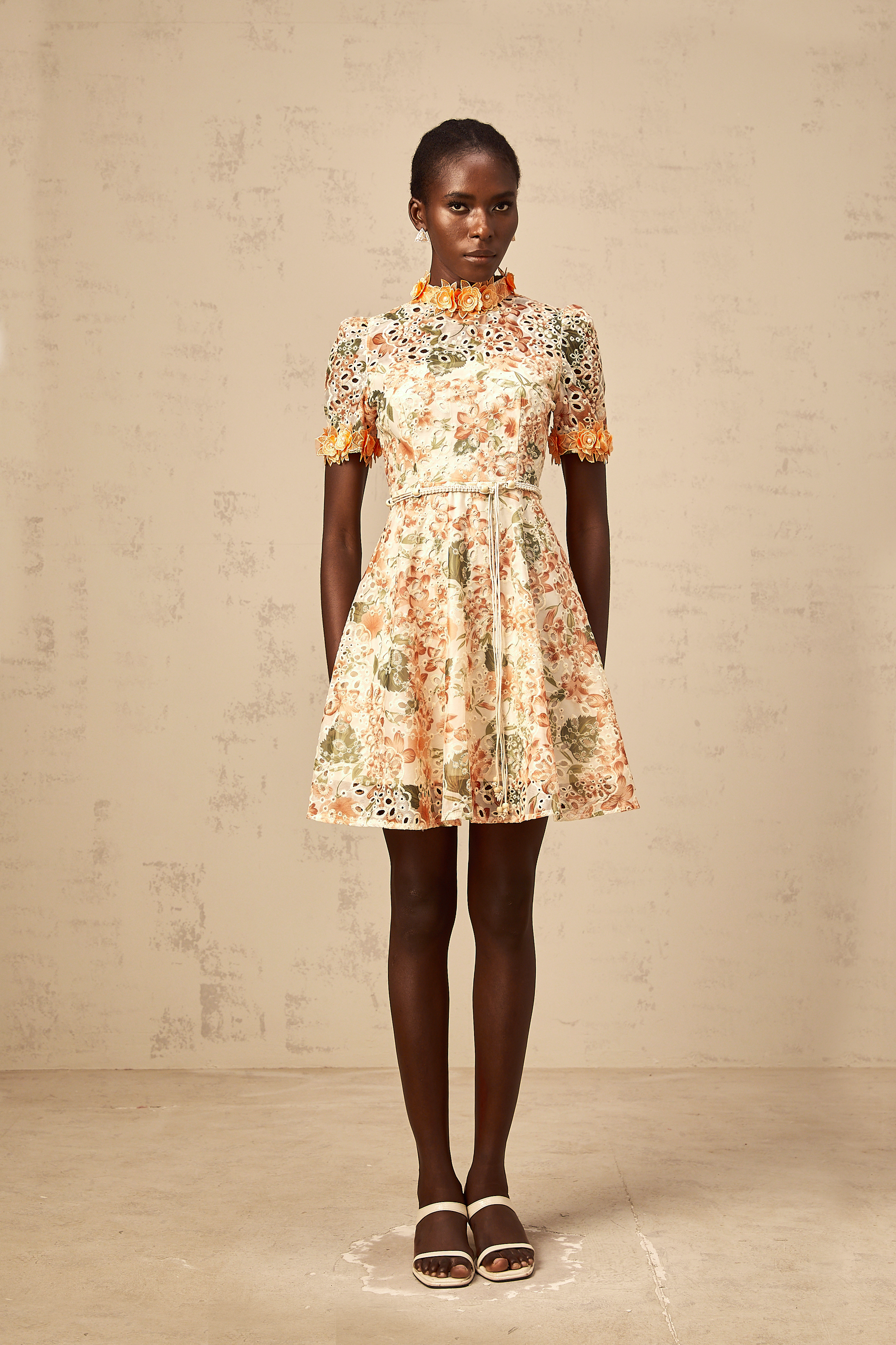 Lilou orange flower-embroidered embellished mini dress