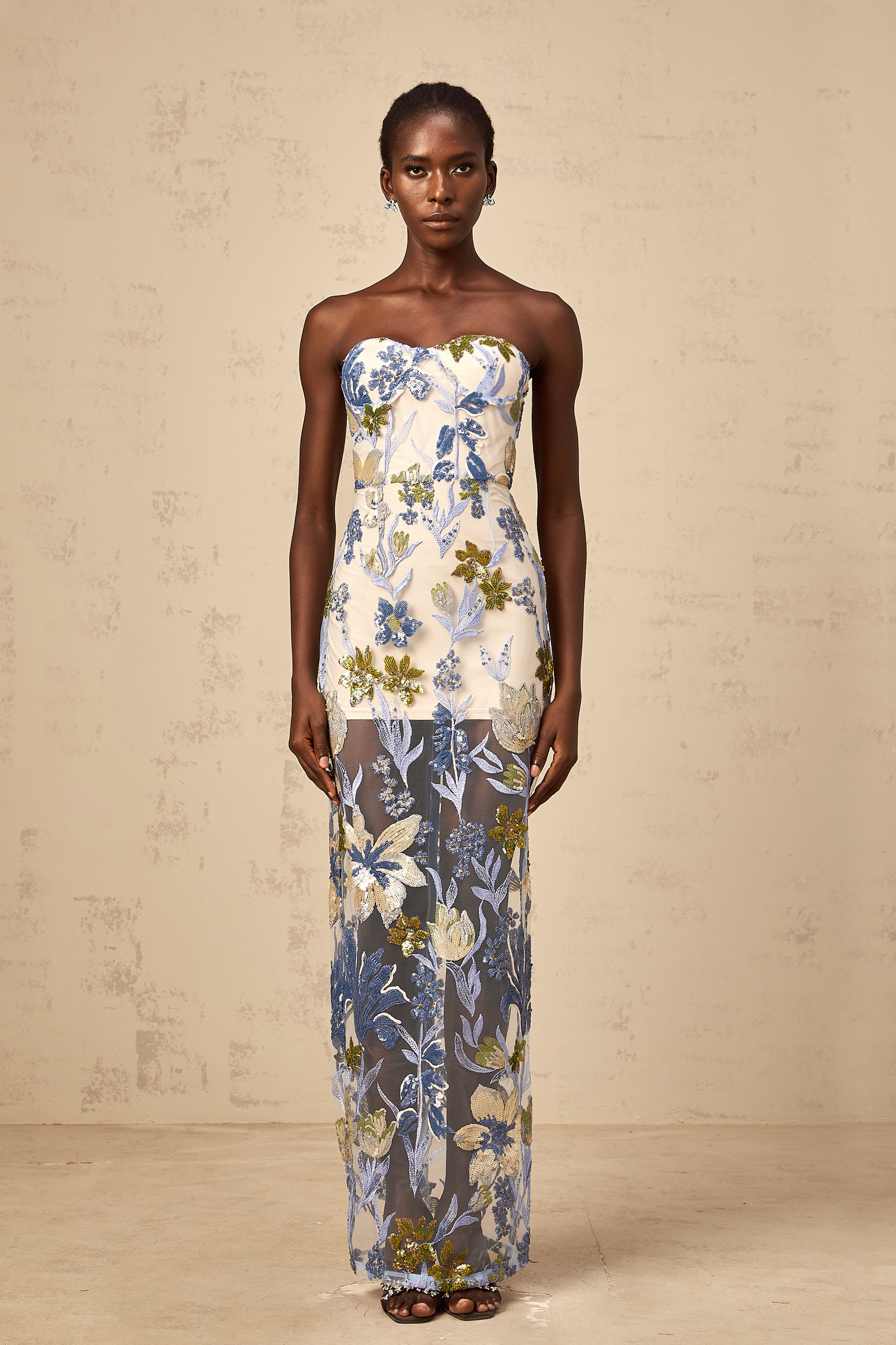 Patricia blue sequined flower-embroidered corset tulle maxi dress