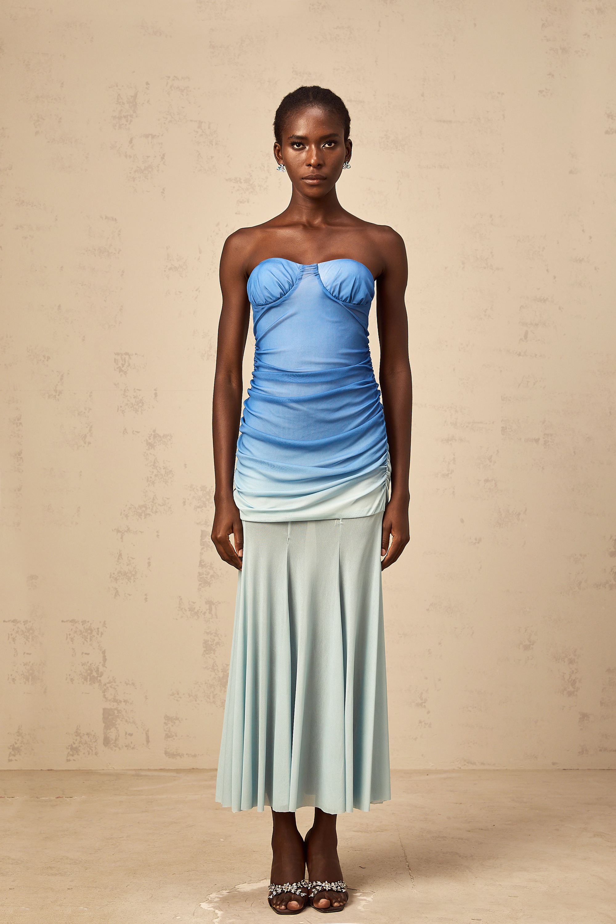 Océane blue gradient mesh midi dress