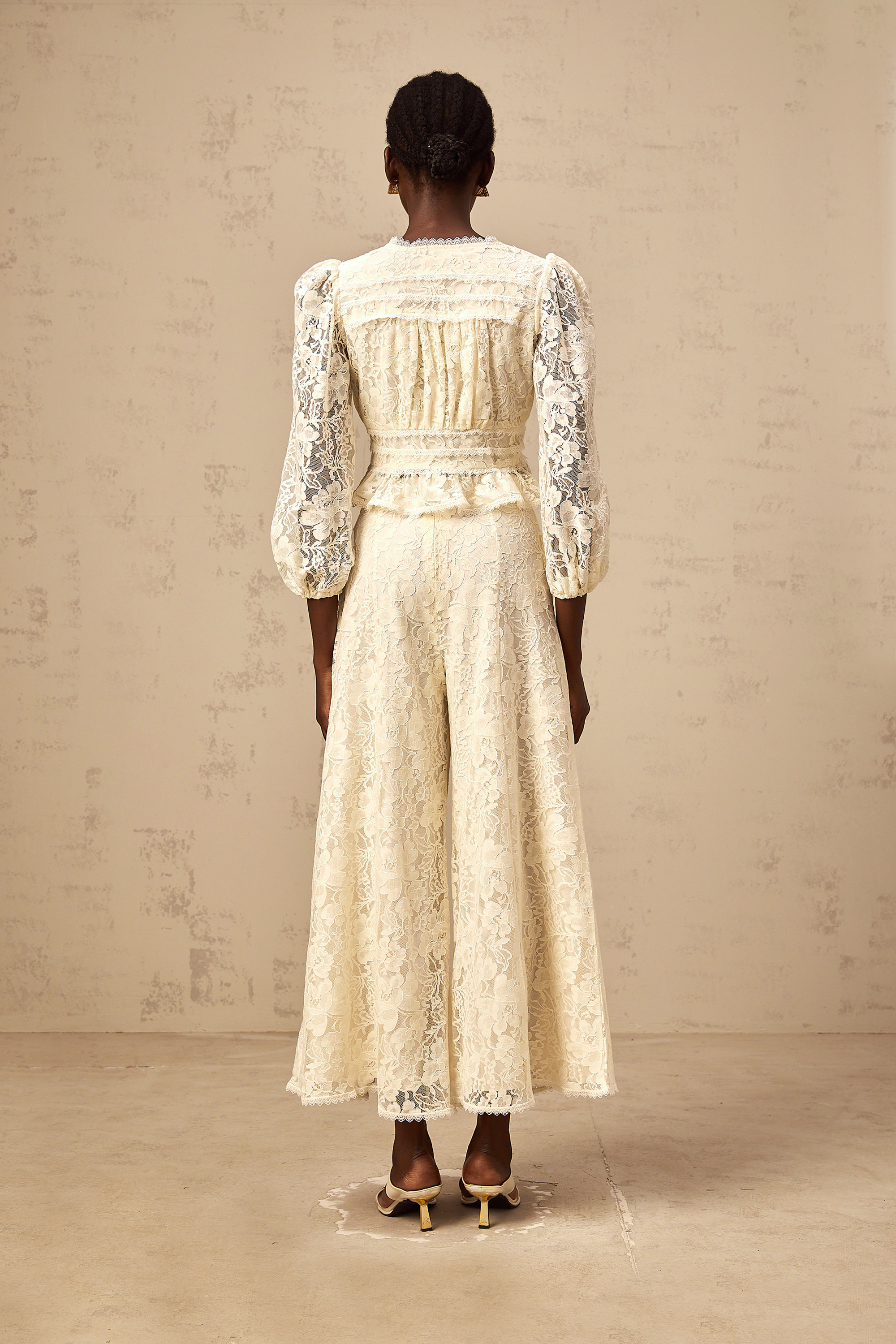 Jacinthe neutrals floral-lace blouse & trousers matching set