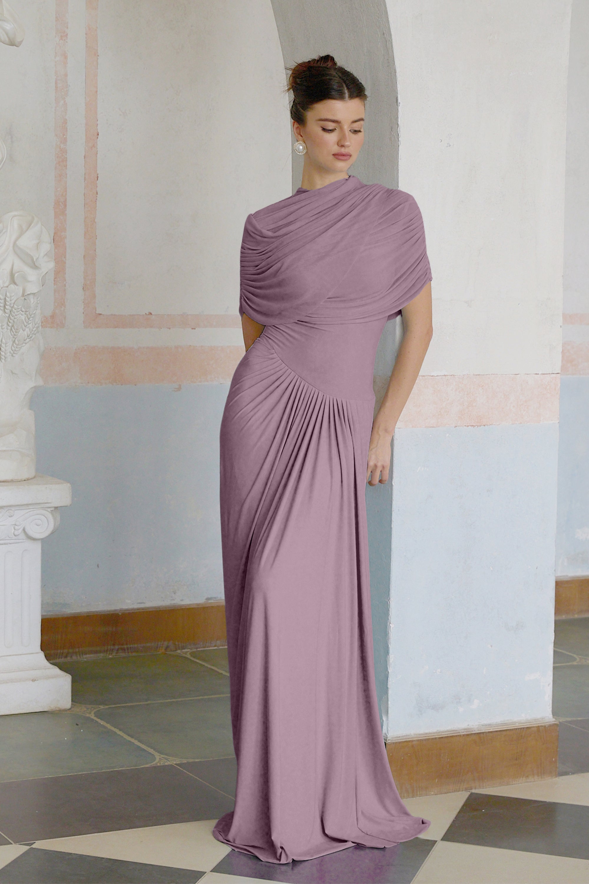 Catherine asymmetric pleated maxi dress in Purple