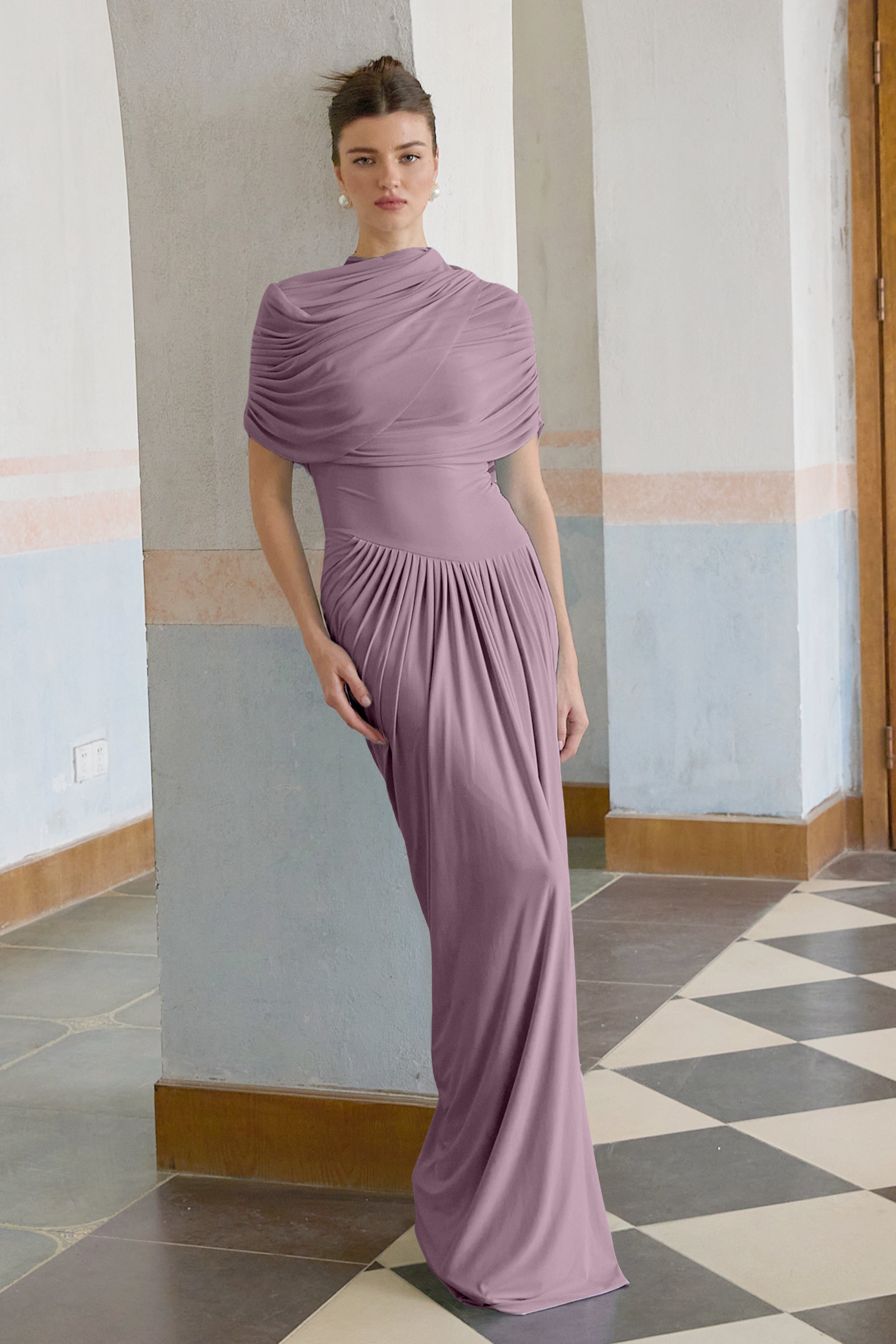 Catherine asymmetric pleated maxi dress in Purple
