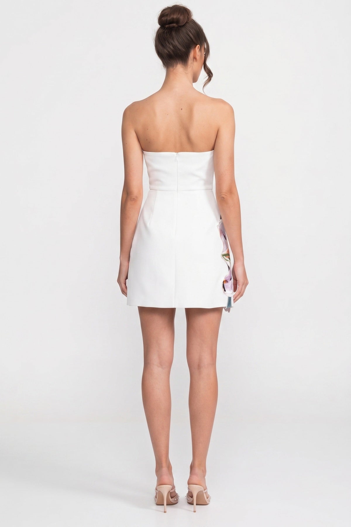 Strapless Floral-Print Mini Dress With Structured Bodice - White