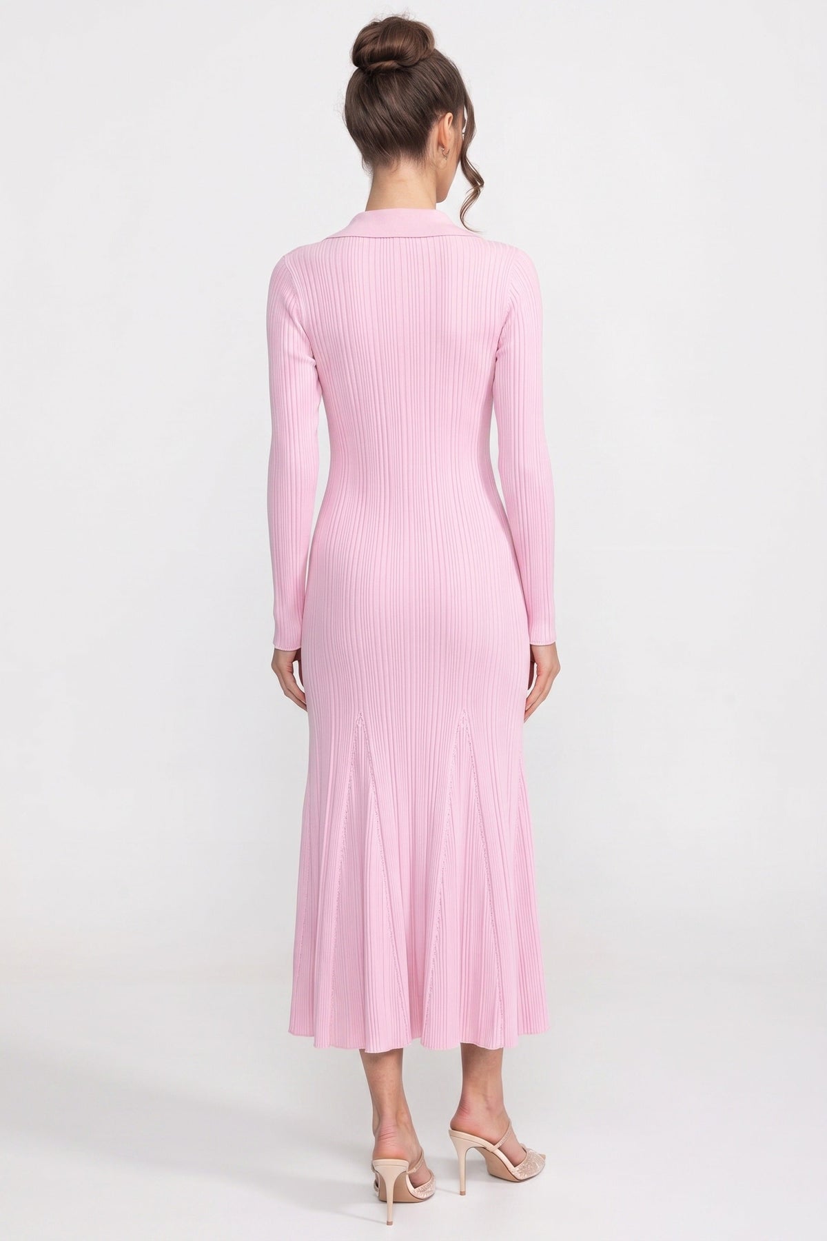 Faustine Pink Long-Sleeve Button-Front Knit Maxi Dress With Patch Pockets