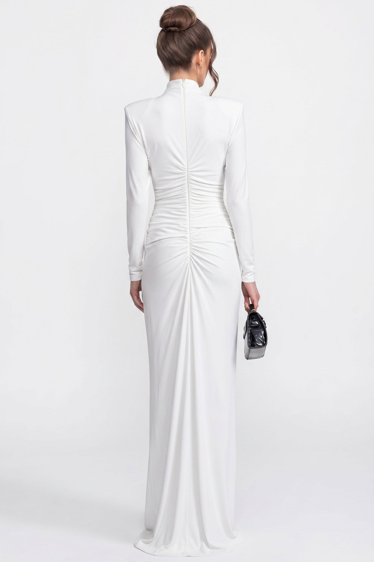 High-Neck Long-Sleeve Ruched Mermaid Gown With Diagonal Drape - White