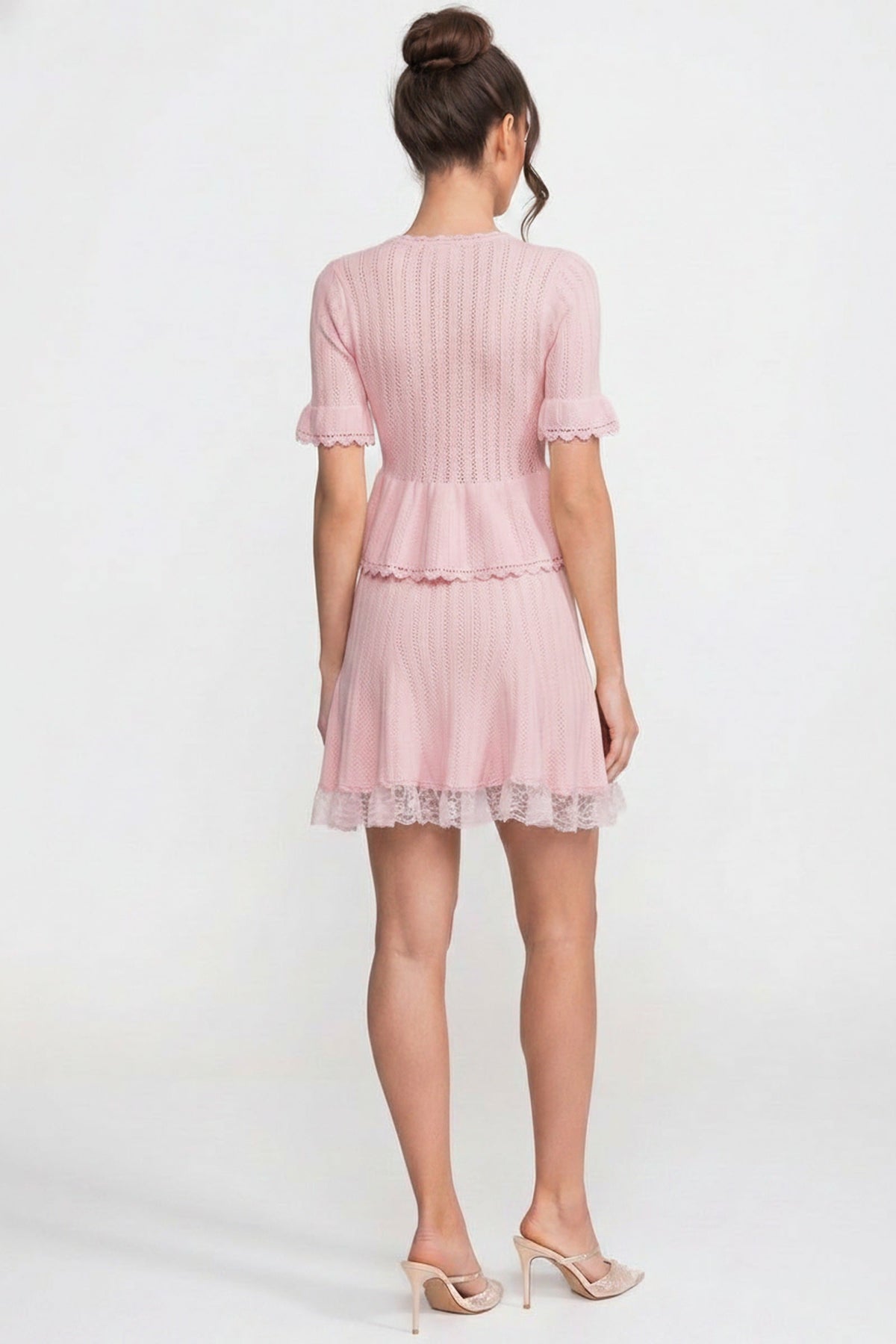 Lucille Pink Peter-Pan Collar Knit Peplum Co-Ord Set With Lace Hem