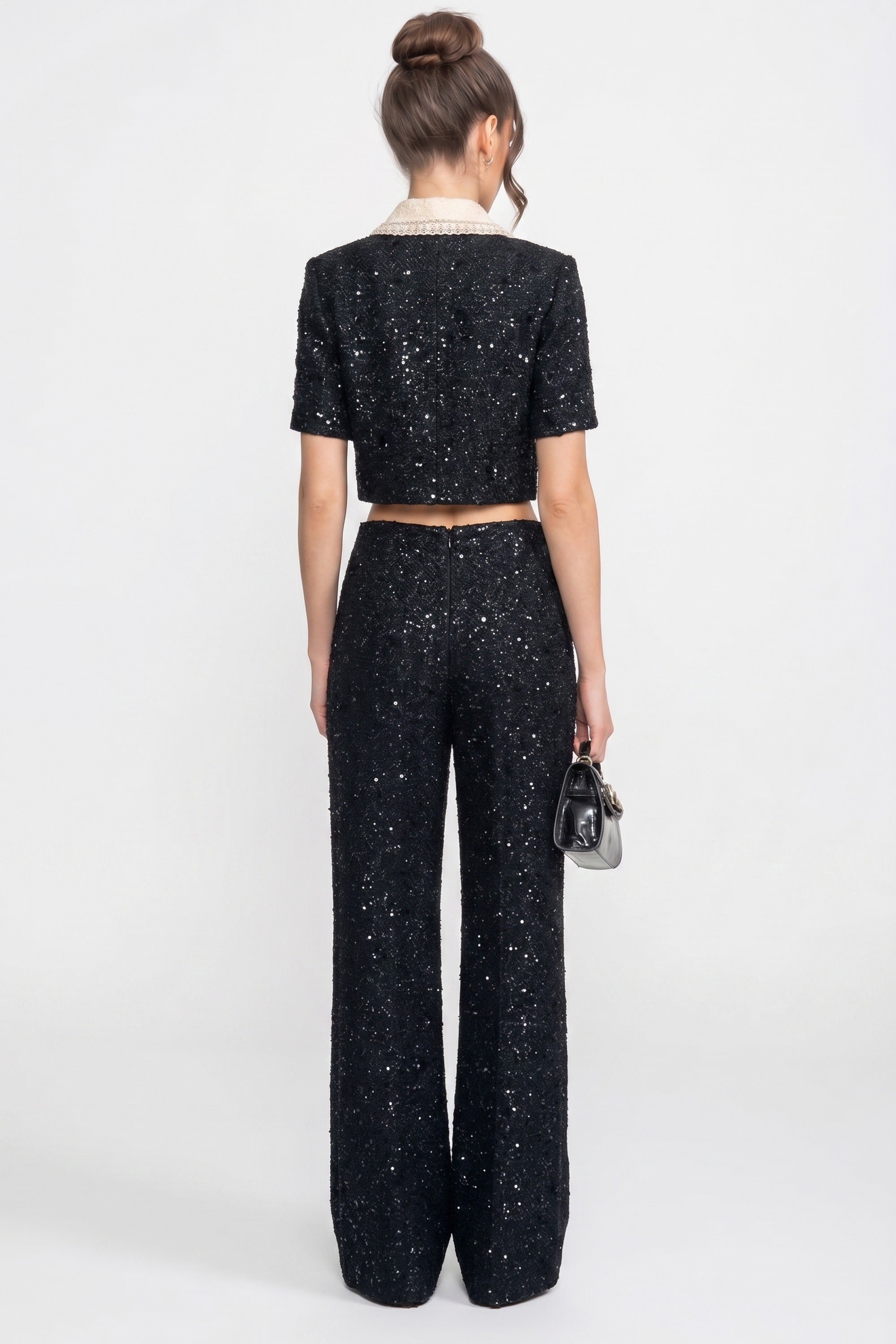 Short-Sleeve Tweed Cropped Jacket With Contrast Collar And Sequin Detail - Black