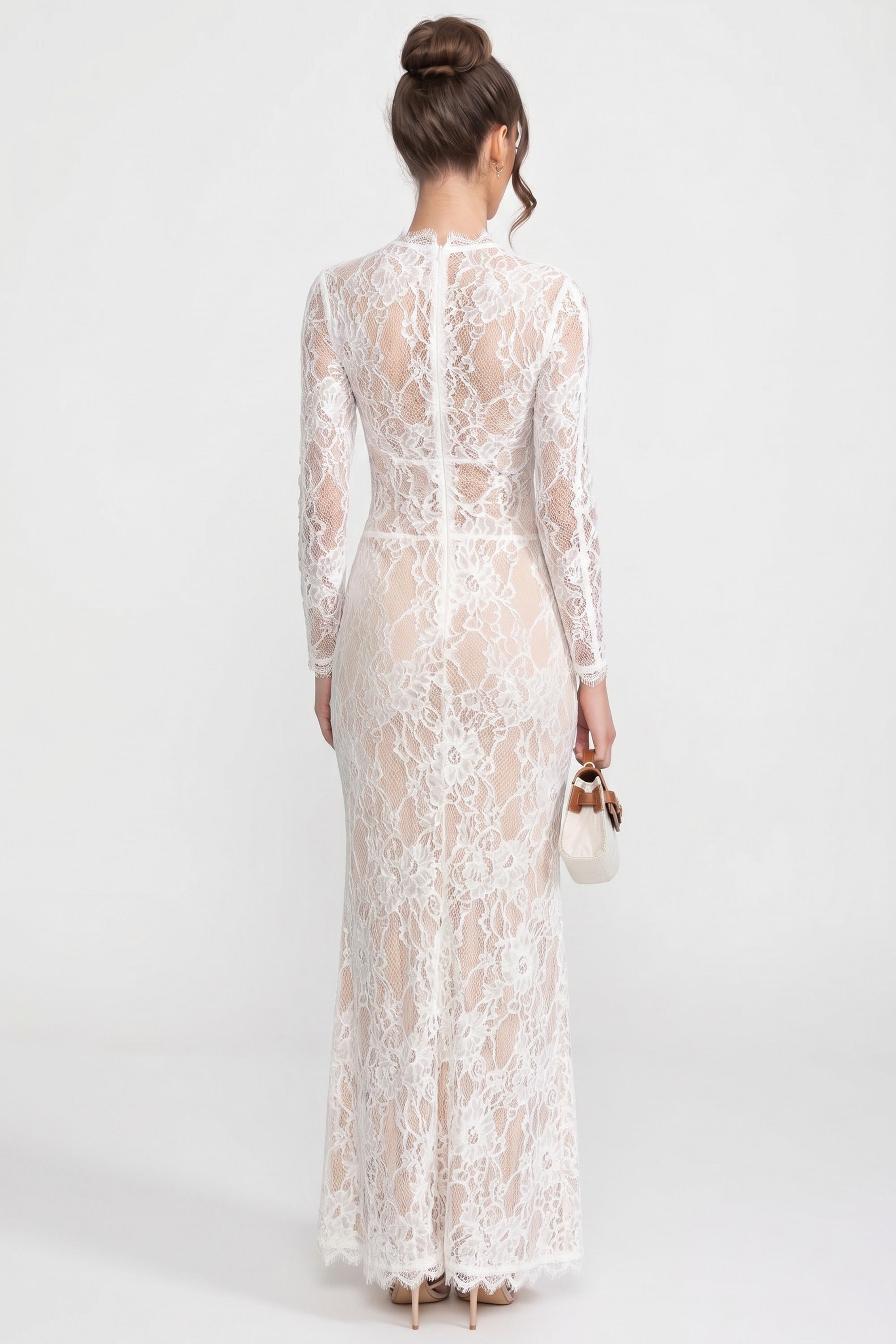 Elegant Lace Gown With High Neck, Front Cutout And Slit - White