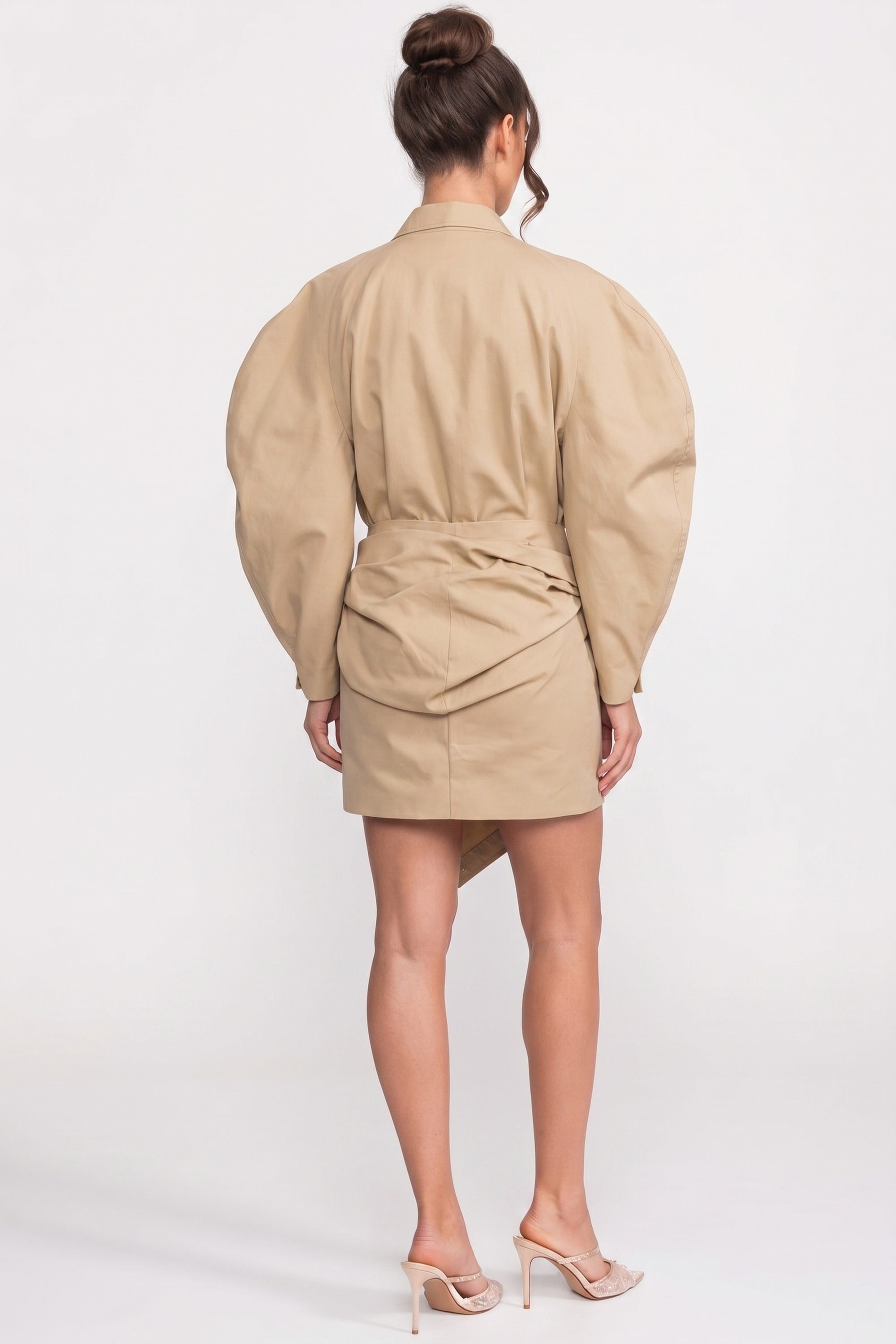 Oversized Balloon-Sleeve Belted Jacket With Asymmetric Hem - Khaki