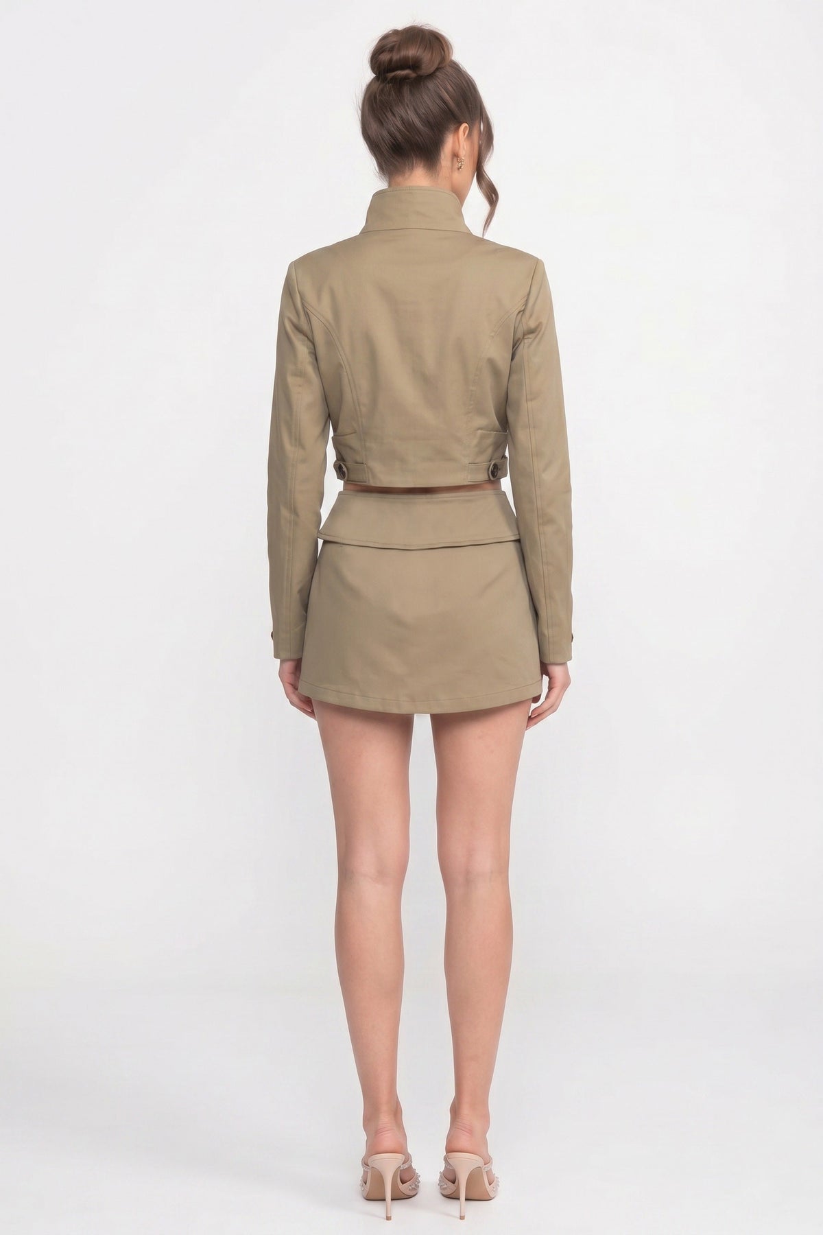 Double-Breasted Cropped Jacket And Mini Skirt Co-Ord Set - Khaki
