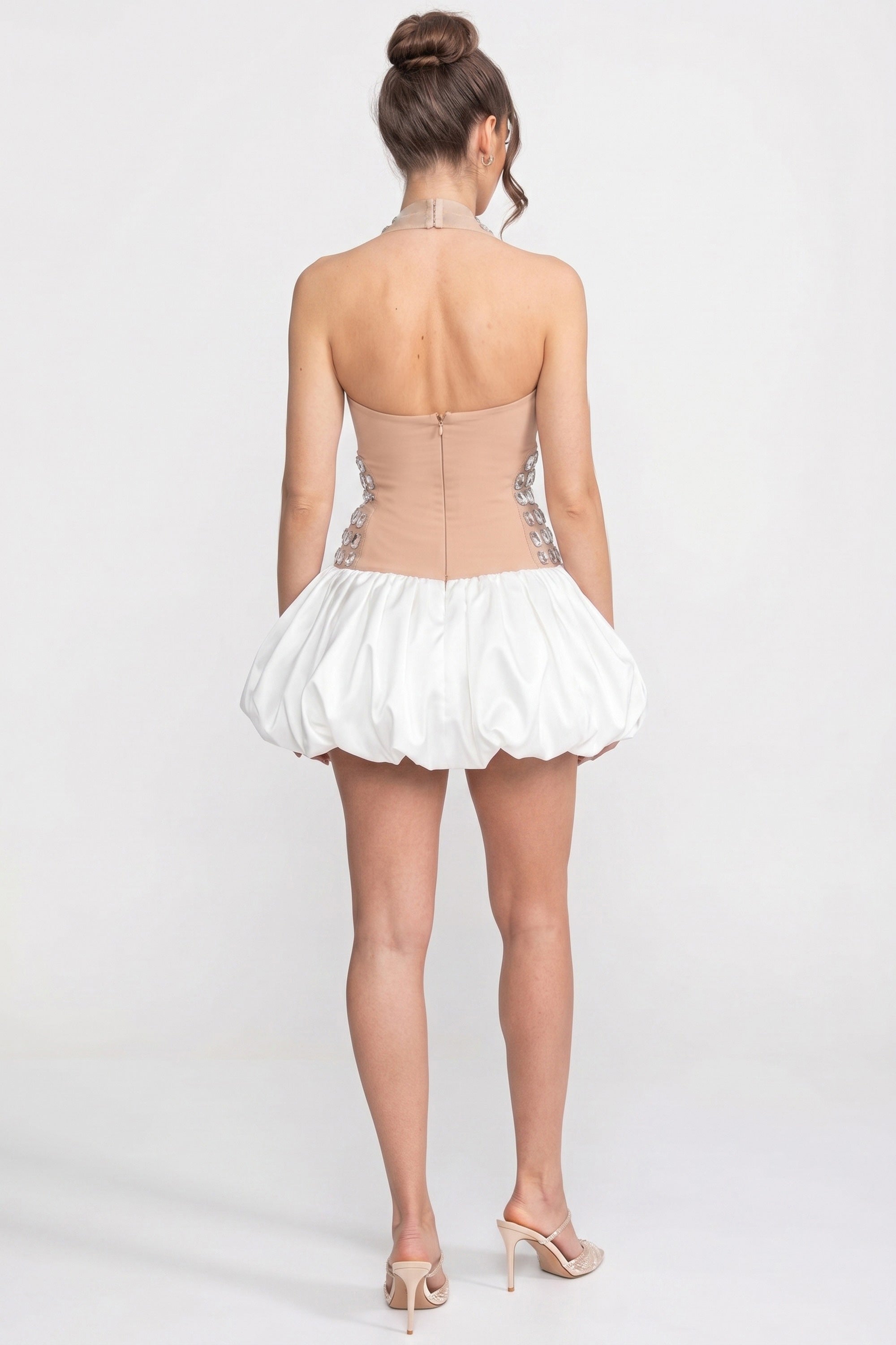 Crystal-Embellished Halter Mini Dress With Bubble Skirt - White