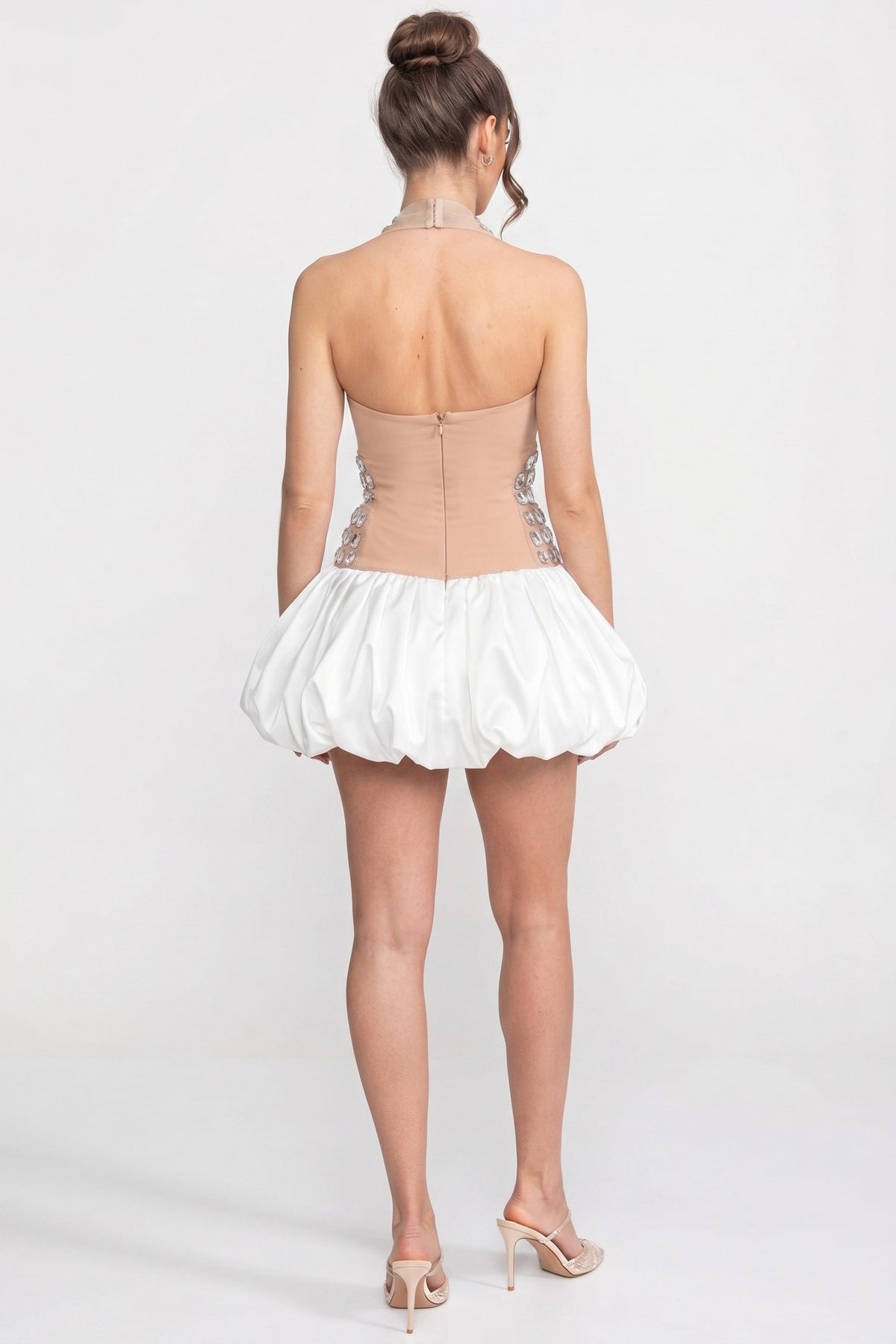 Crystal-Embellished Halter Mini Dress With Bubble Skirt - White