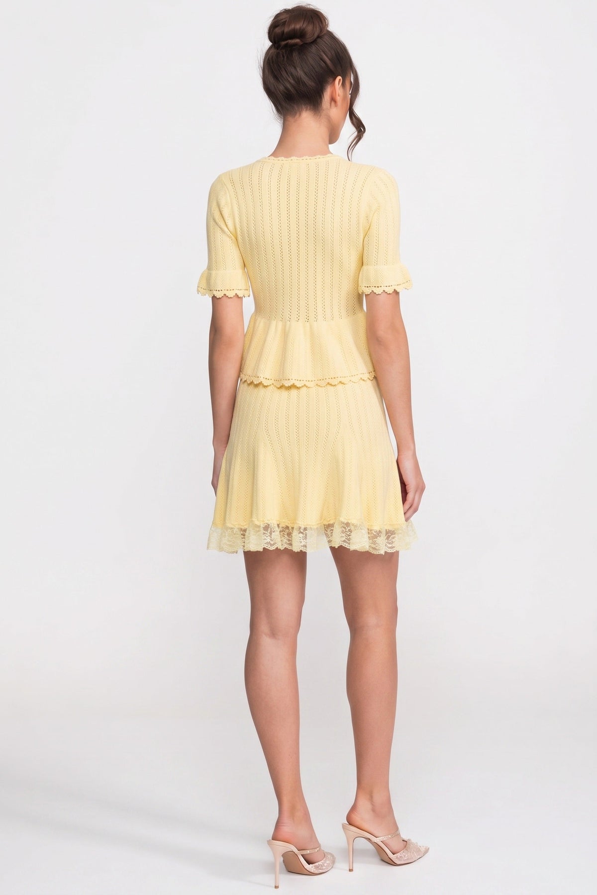 Lucille Yellow Peter-Pan Collar Knit Peplum Co-Ord Set With Lace Hem