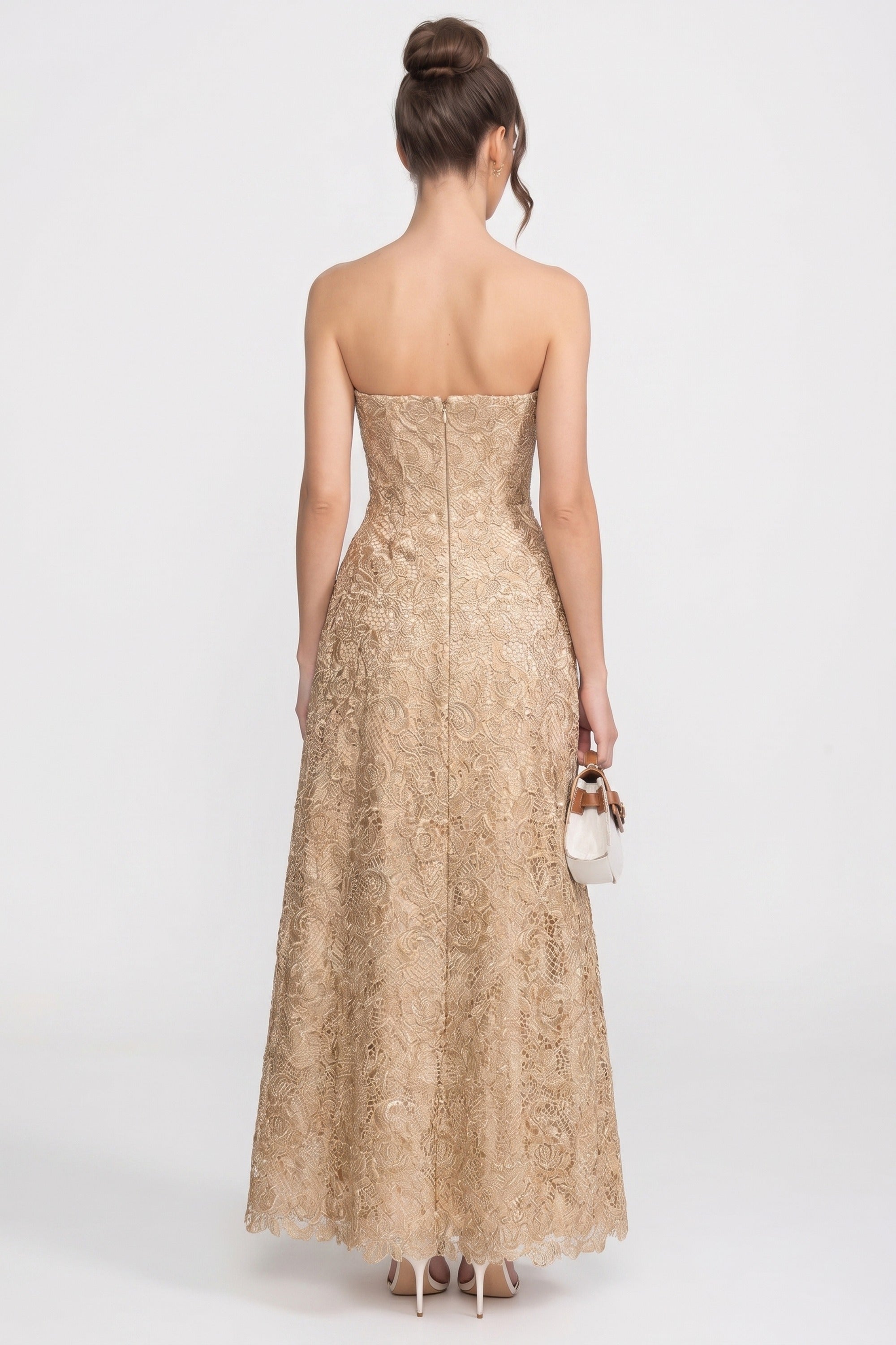 Strapless Floral Lace Ballgown With Full A-Line Skirt - Gold