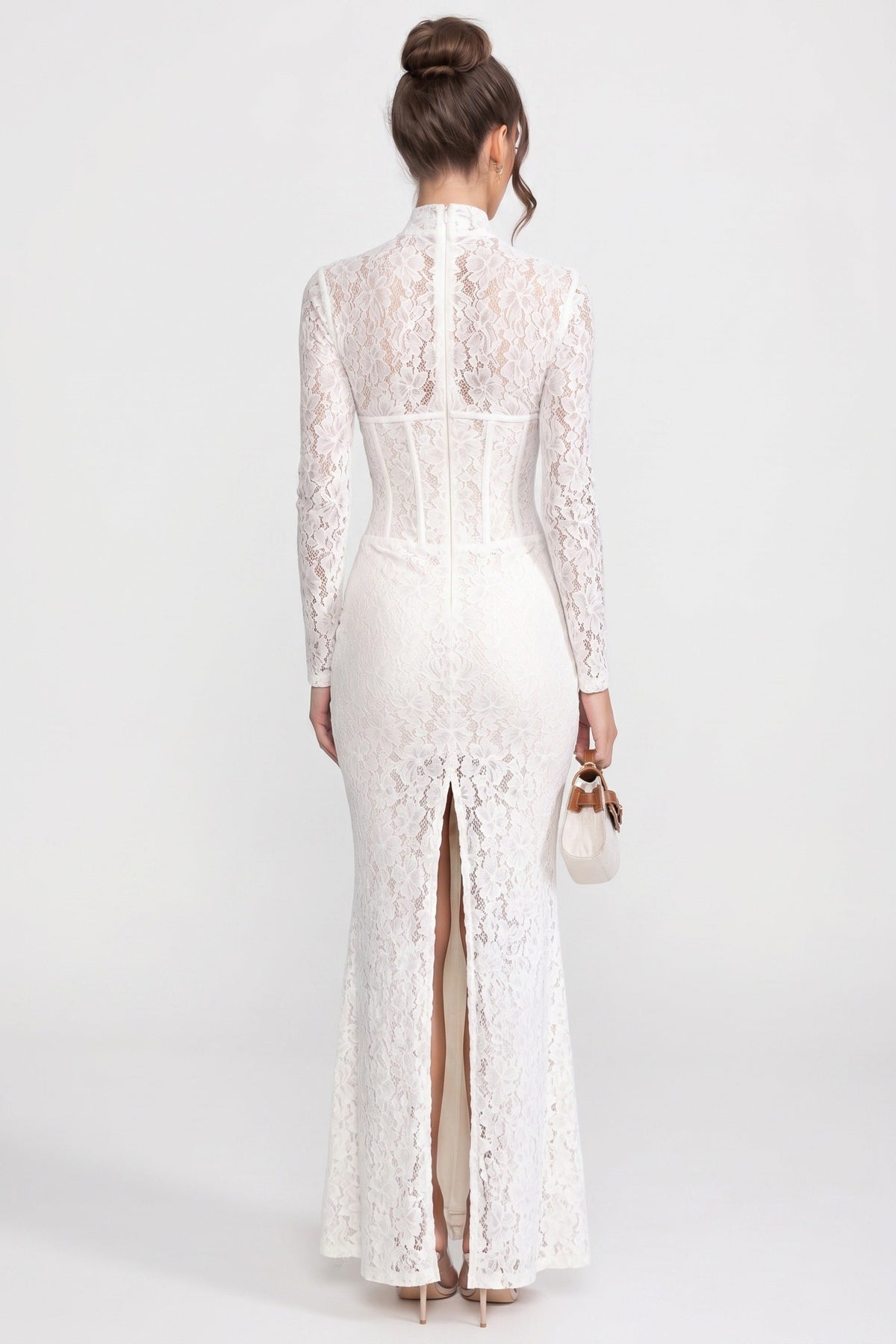 High-Neck Long-Sleeve Lace Maxi Dress With Column Silhouette - White