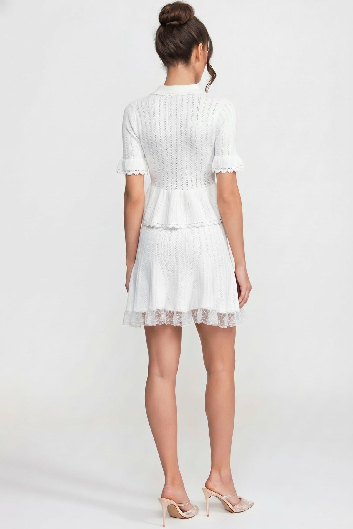 Lucille White Peter-Pan Collar Knit Peplum Co-Ord Set With Lace Hem