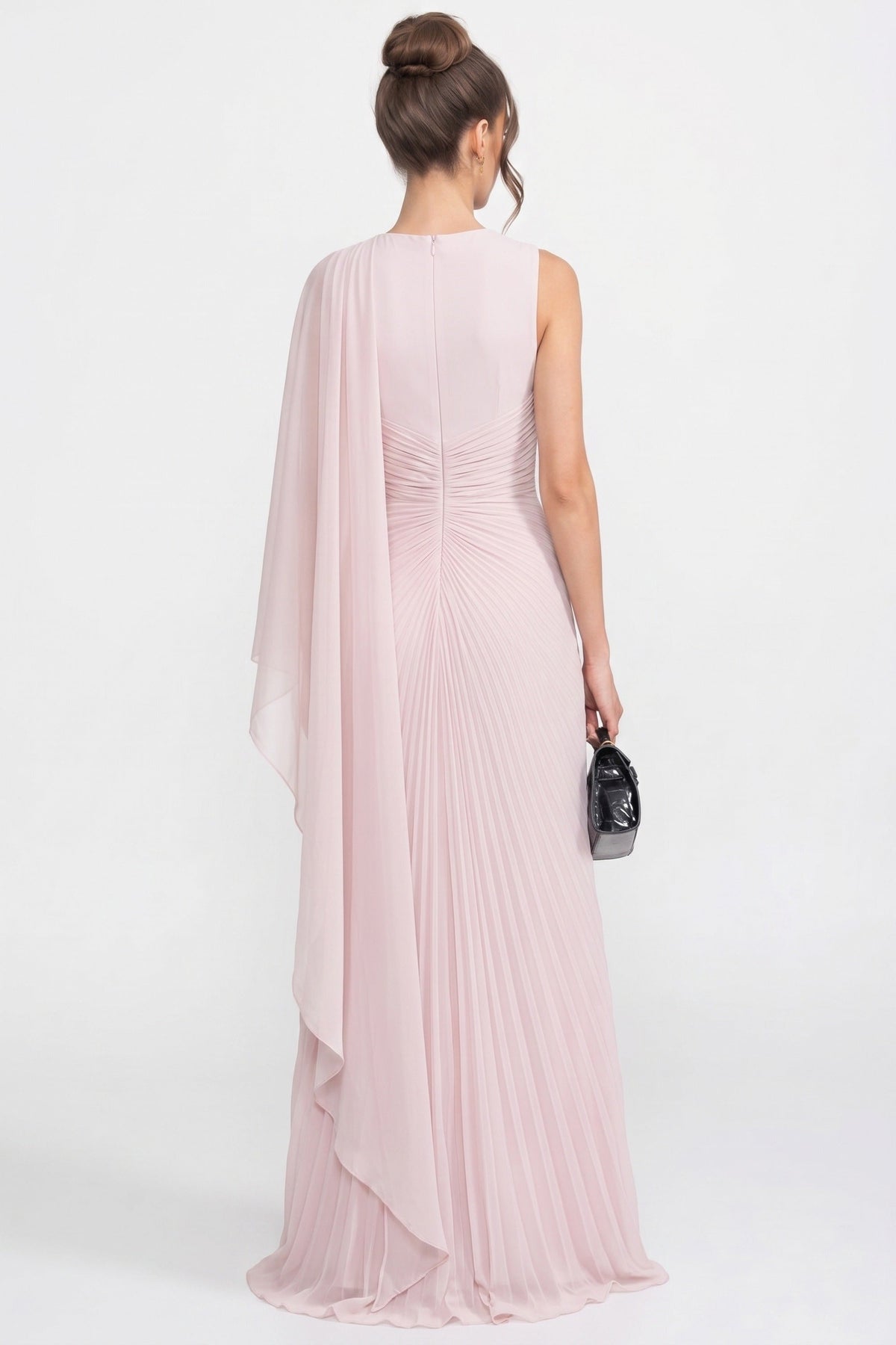One-Shoulder Draped Maxi Dress With Sheer Scarf Detail - Pink