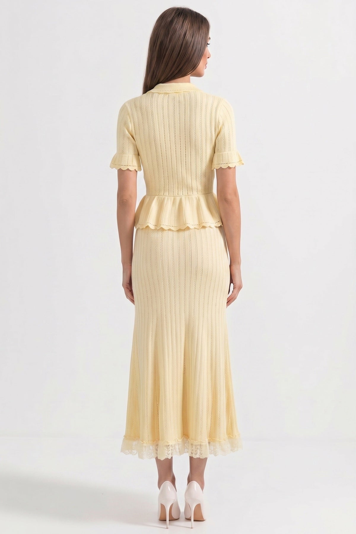 Ludivine Yellow Peter-Pan Collar Knit Peplum Maxi Dress With Lace Hem