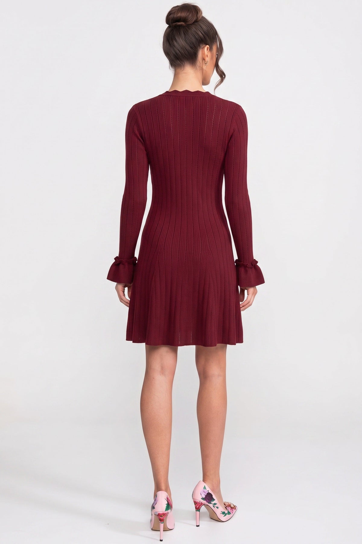 Henriette Burgundy Long-Sleeve V-Neck Knit Mini Dress With Ruffle Hem And Bow Cuffs