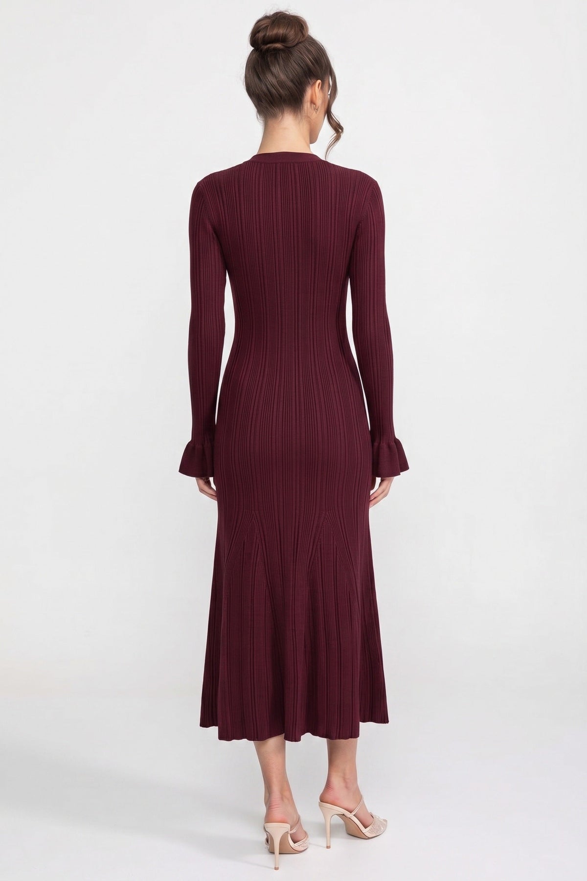 Sixtine Burgundy V-Neck Button-Front Ribbed Knit Maxi Dress With Ruffle Cuffs