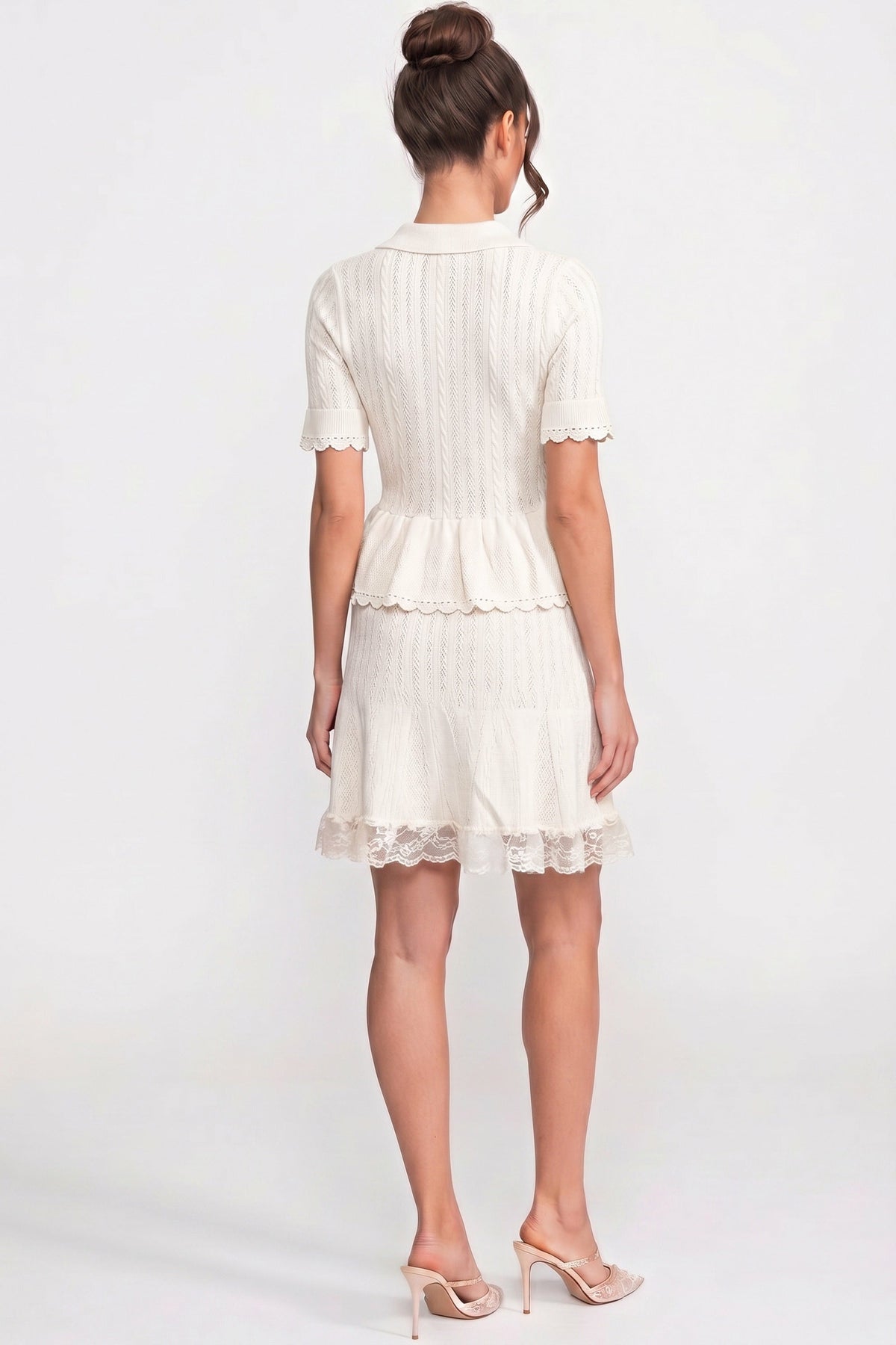 Polo-Collar Mini Dress With Button Top, Peplum Waist And Lace Hem - White