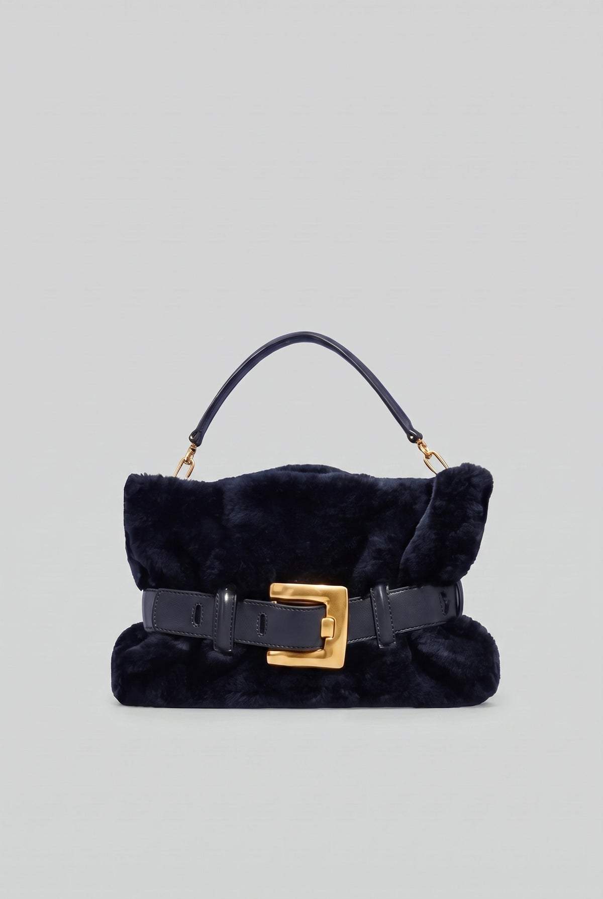 Faux Fur Handbag with Belt Buckle Detail – Dark Blue