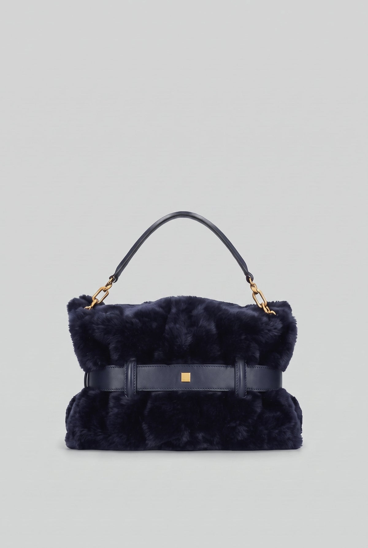 Faux Fur Handbag with Belt Buckle Detail – Dark Blue