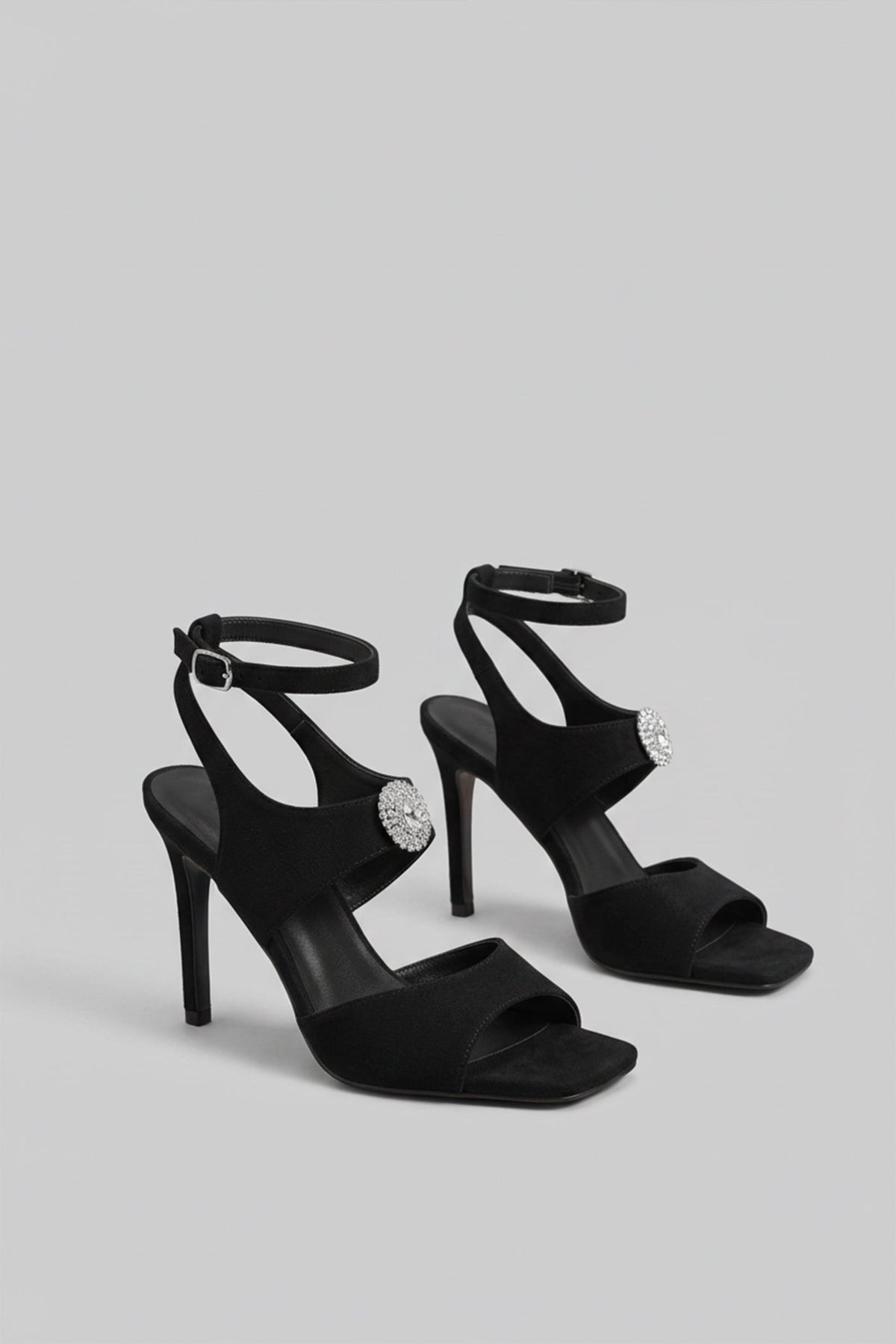 Suede High Heel Sandals With Crystal Embellished Detail - Black