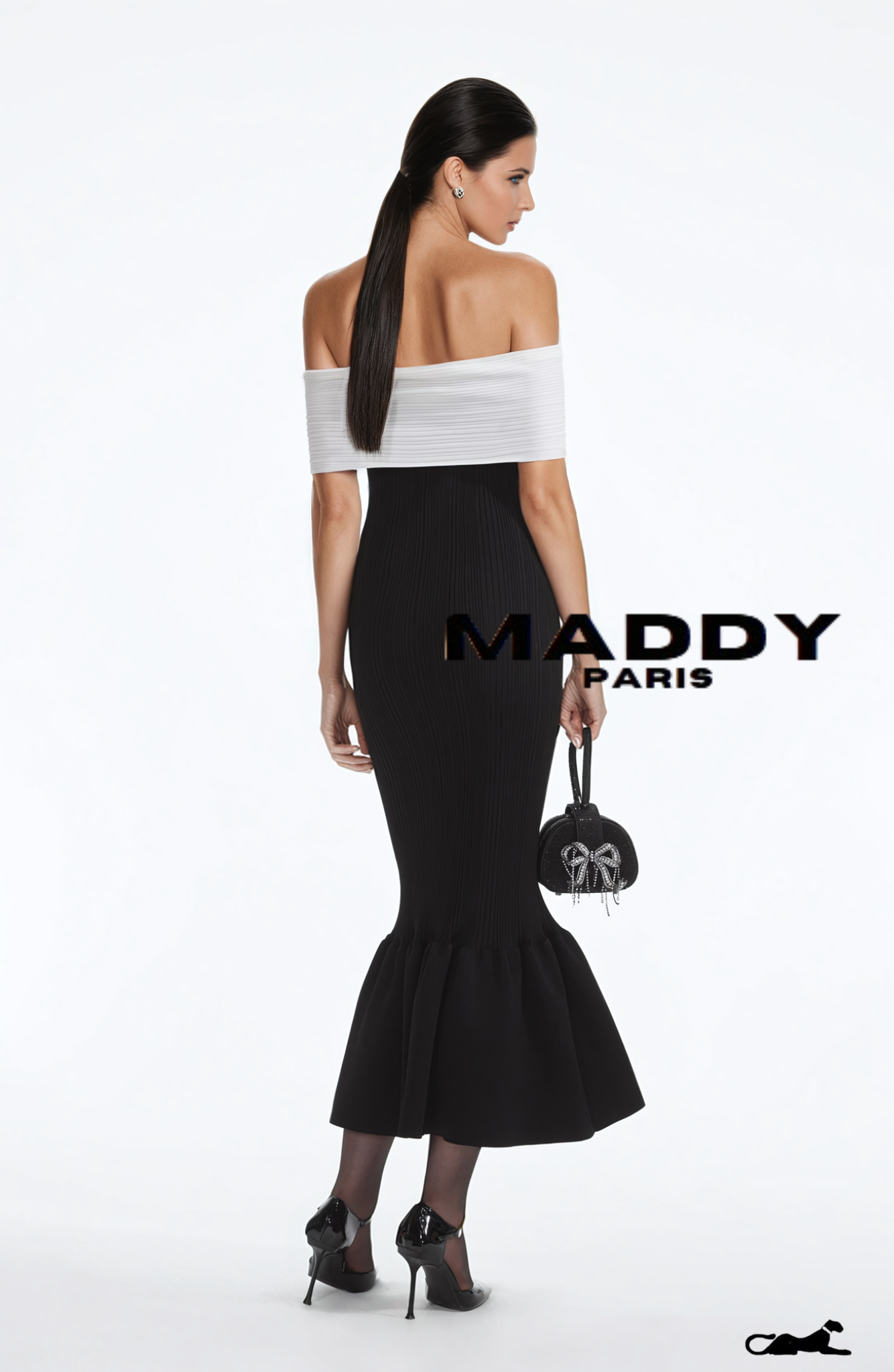 ALESSANDRA BOW CREPE KNIT OFF-SHOULDER MIDI DRESS - BLACK & WHITE