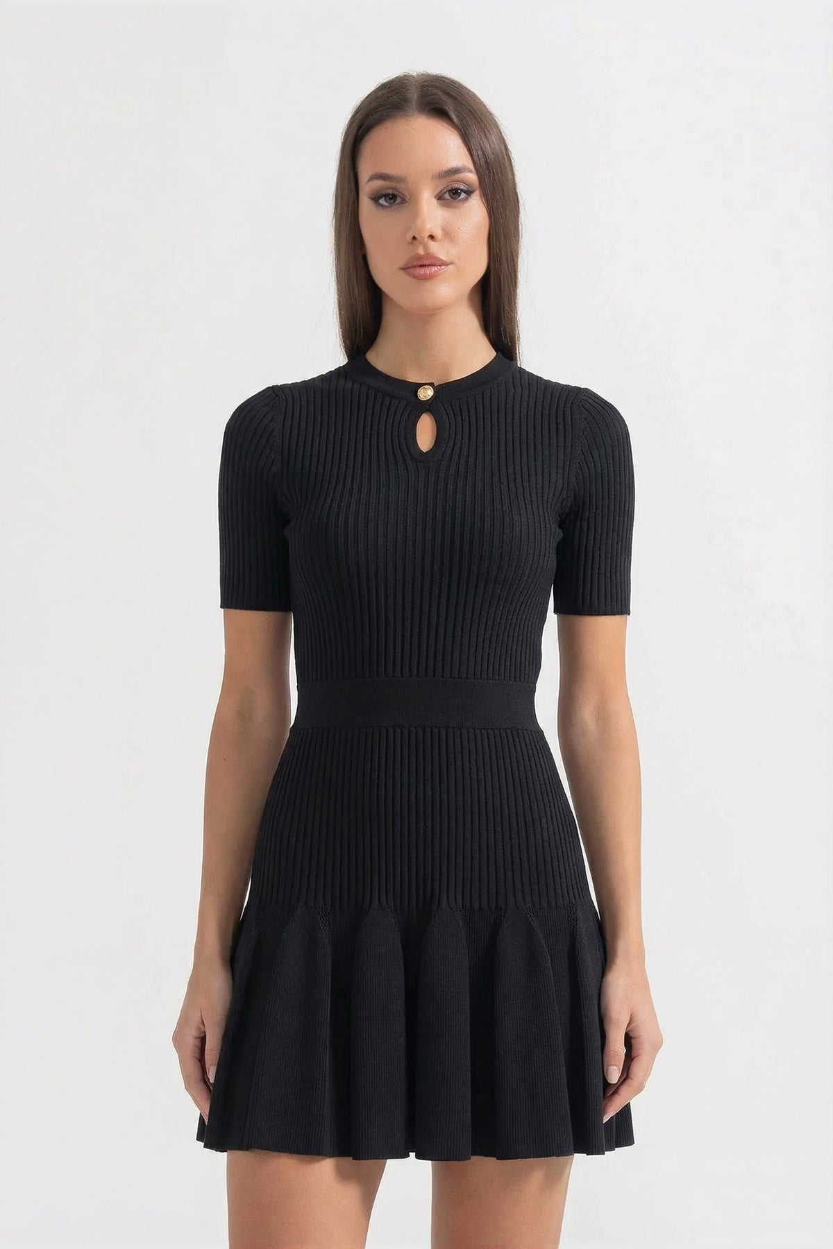 Rosalie Black Ribbed Knit Mini Dress With Gold Button Keyhole Neckline
