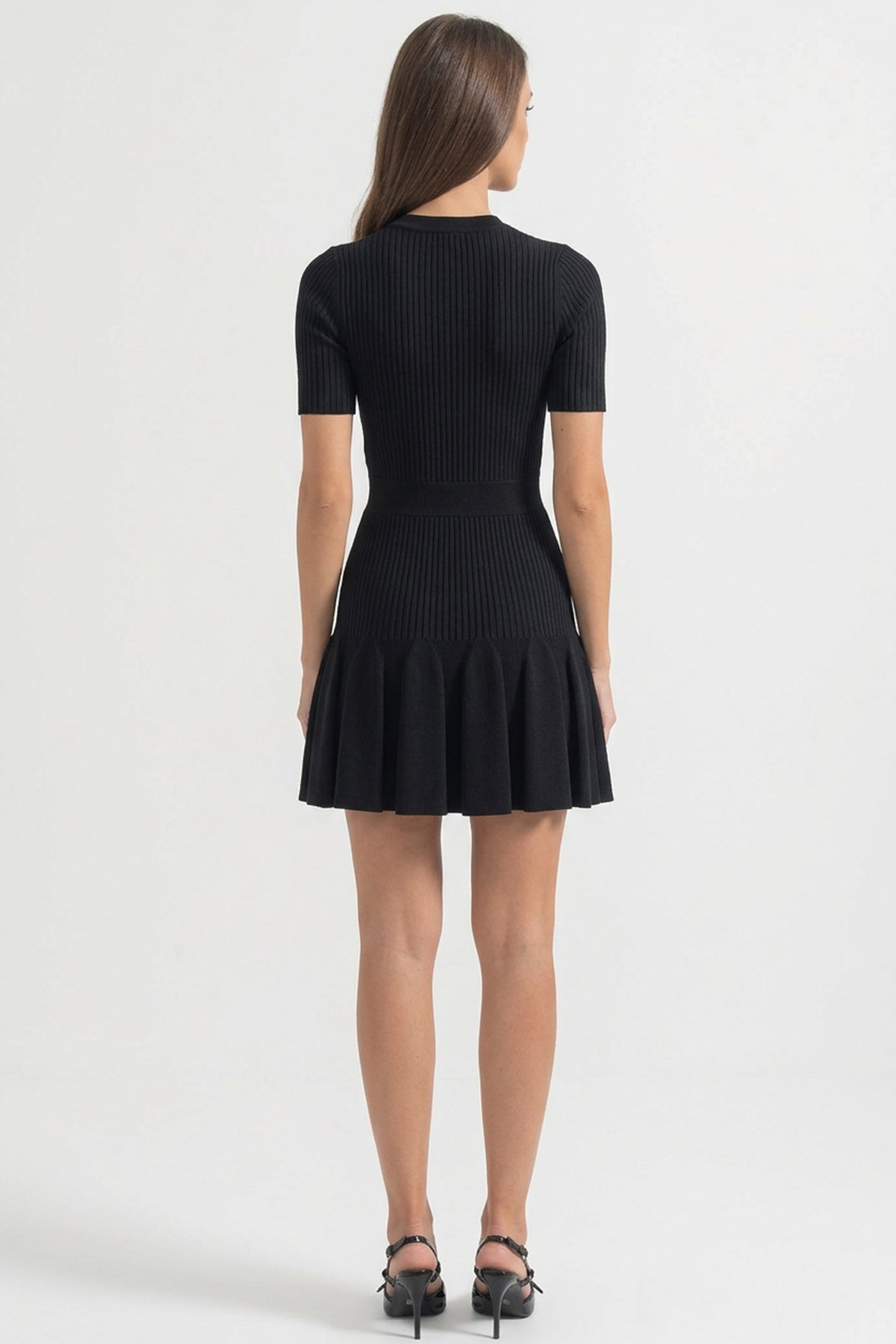 Ribbed Knit Mini Dress With Gold Button Keyhole Neckline - Black
